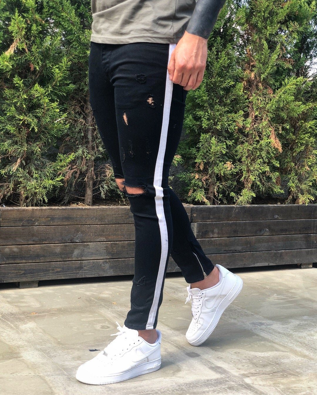 Black Distressed Side Striped Skinny Fit Denim B248 Streetwear Jeans - Sneakerjeans