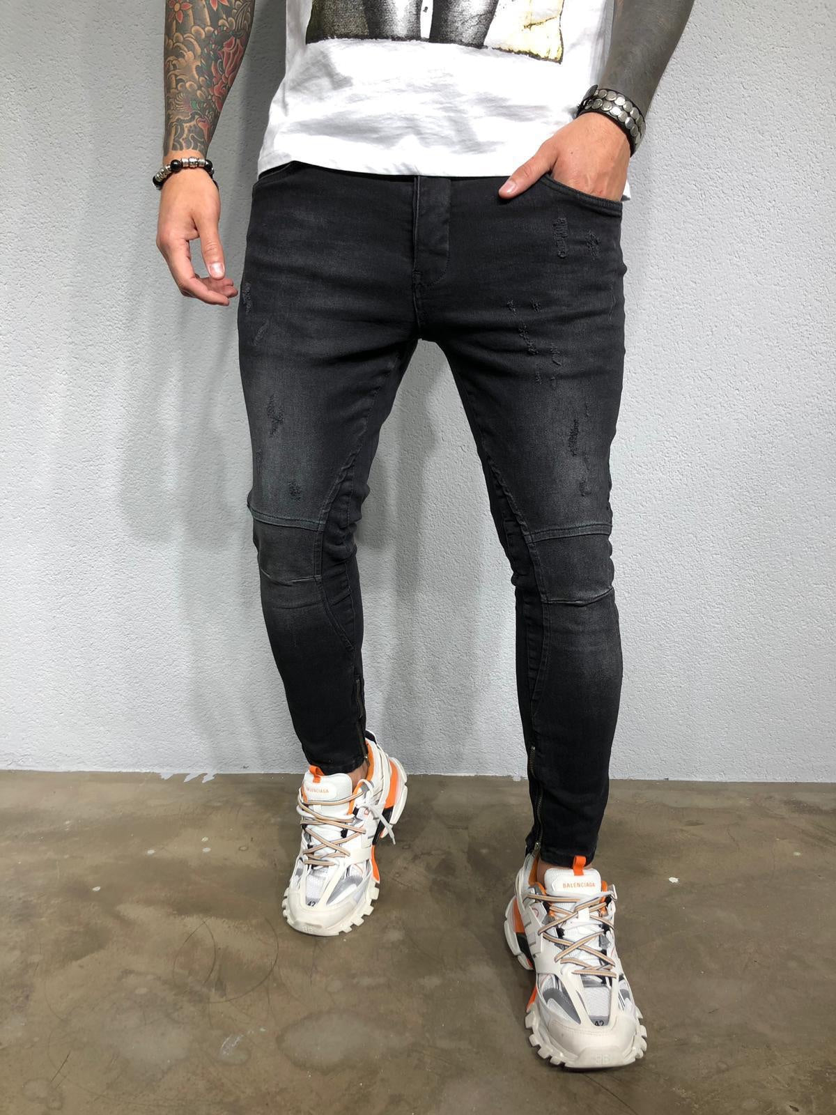 Black Washed Ankle Zip Distressed Ultra Skinny Pant BL433 Streetwear Jeans - Sneakerjeans