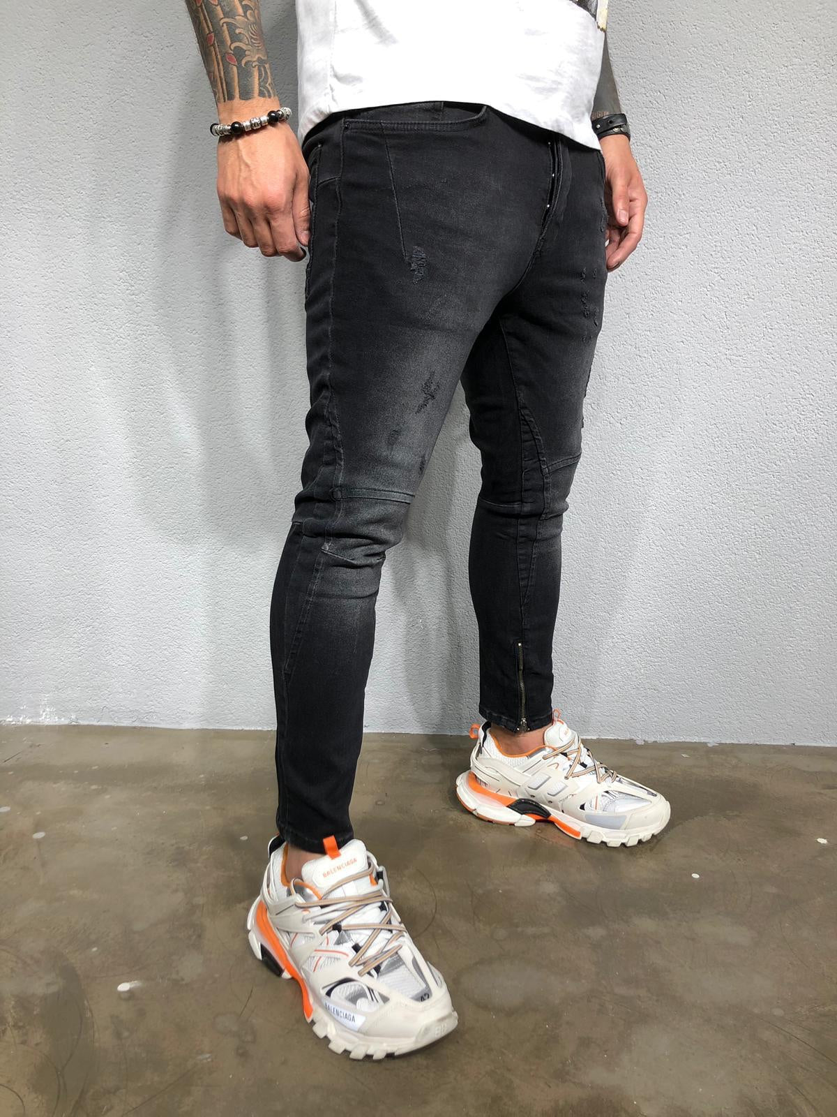 Black Washed Ankle Zip Distressed Ultra Skinny Pant BL433 Streetwear Jeans - Sneakerjeans