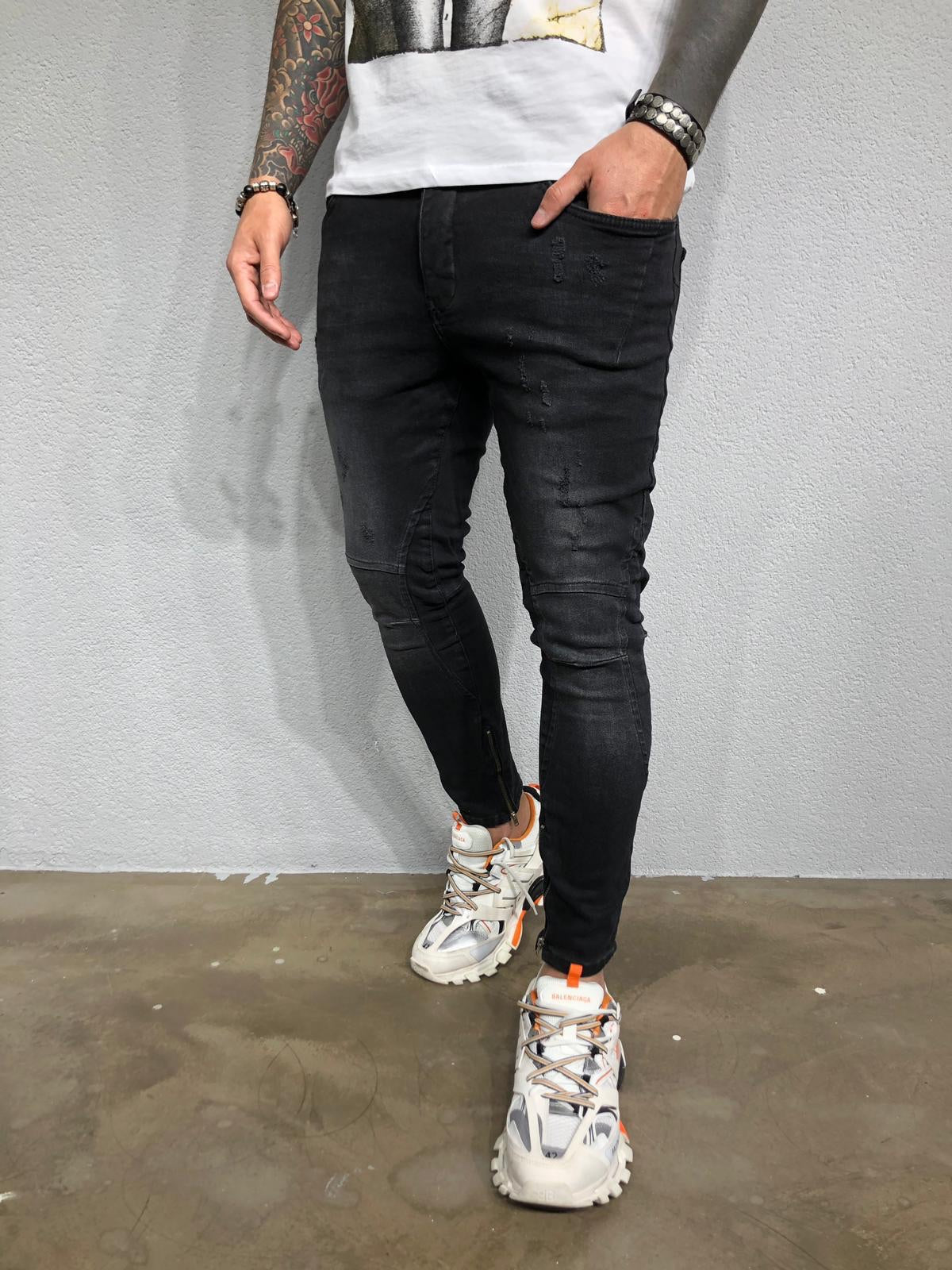 Black Washed Ankle Zip Distressed Ultra Skinny Pant BL433 Streetwear Jeans - Sneakerjeans