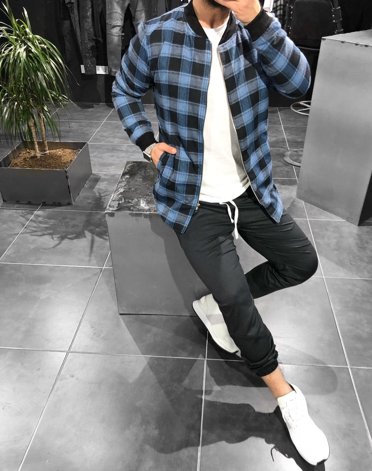 Blue Checkered Jacket KB148 Streetwear Shearling - Sneakerjeans