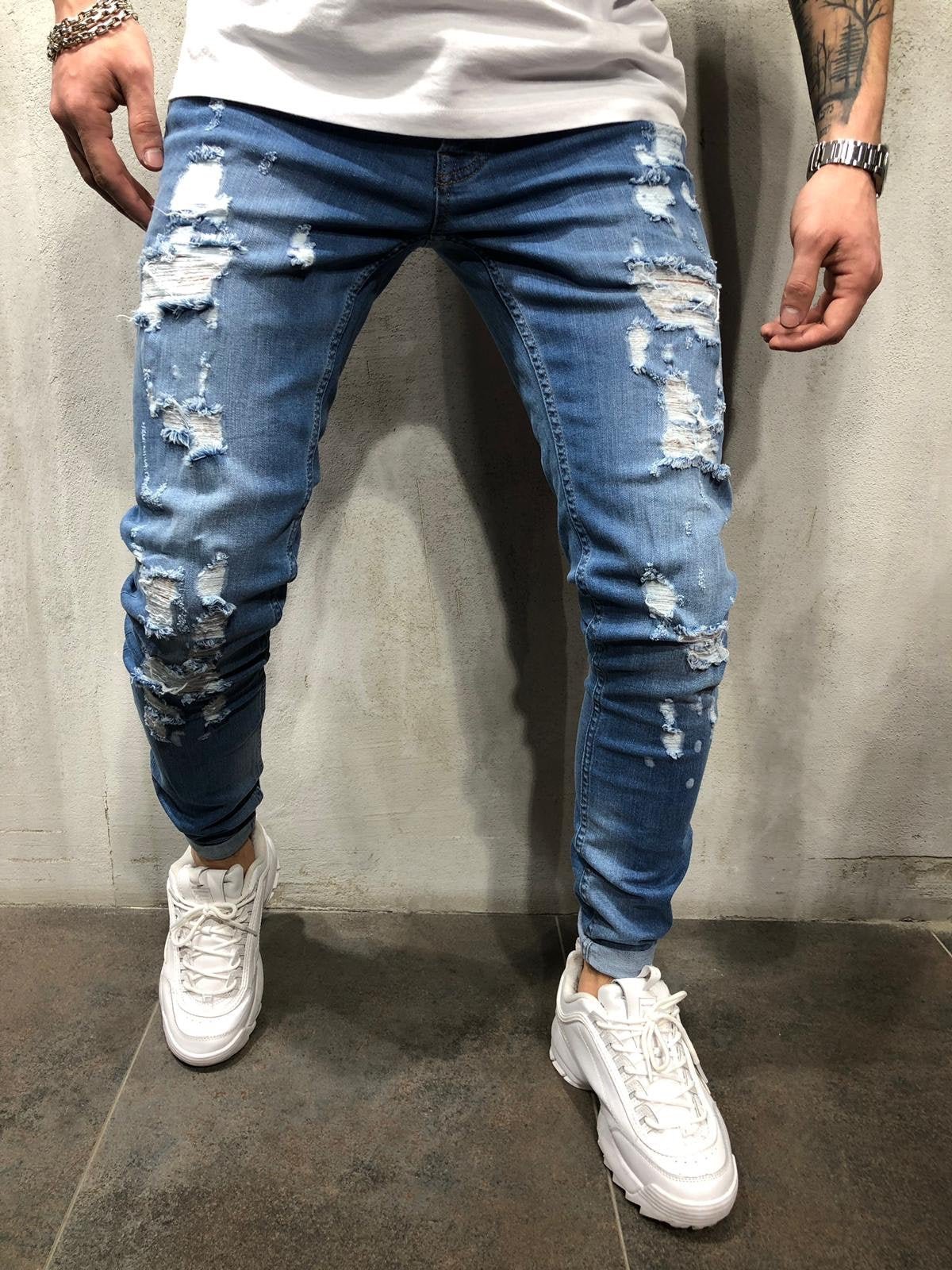 Blue Ripped Ultra Skinny Fit Jeans AY301 Streetwear Mens Jeans - Sneakerjeans