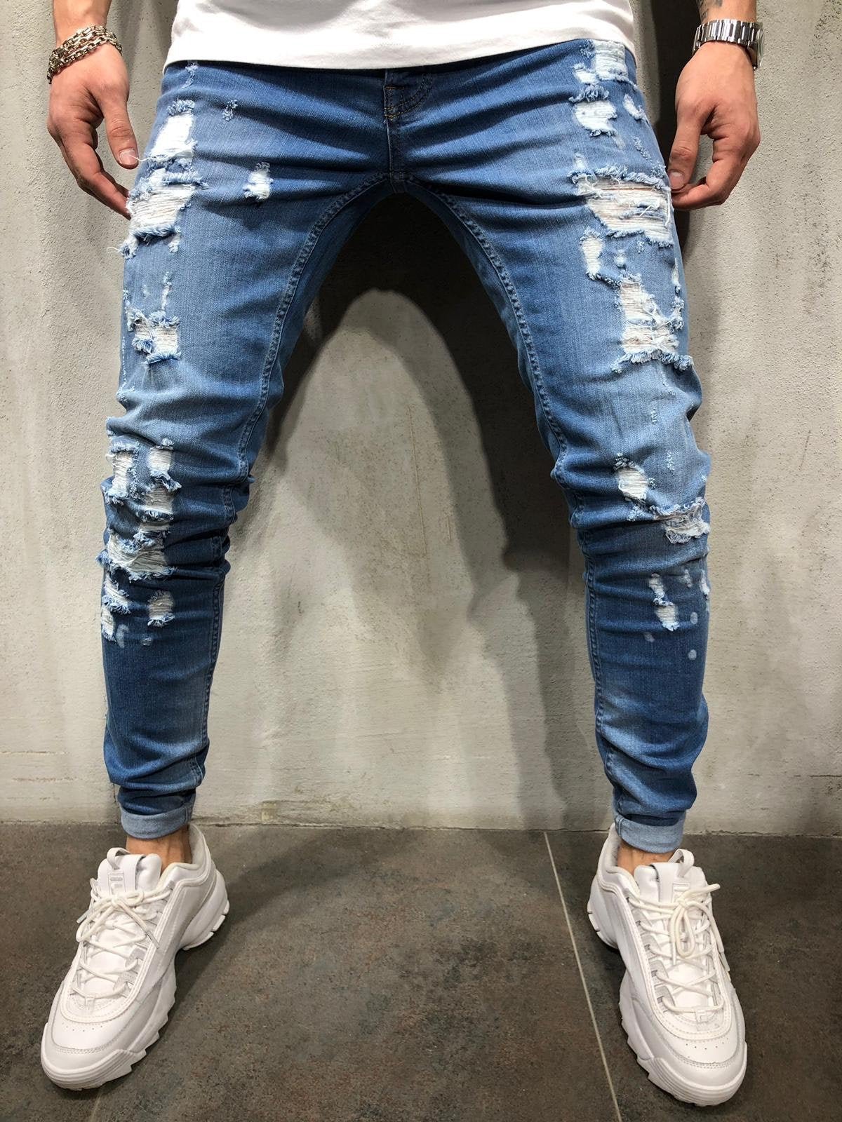 Blue Ripped Ultra Skinny Fit Jeans AY301 Streetwear Mens Jeans - Sneakerjeans
