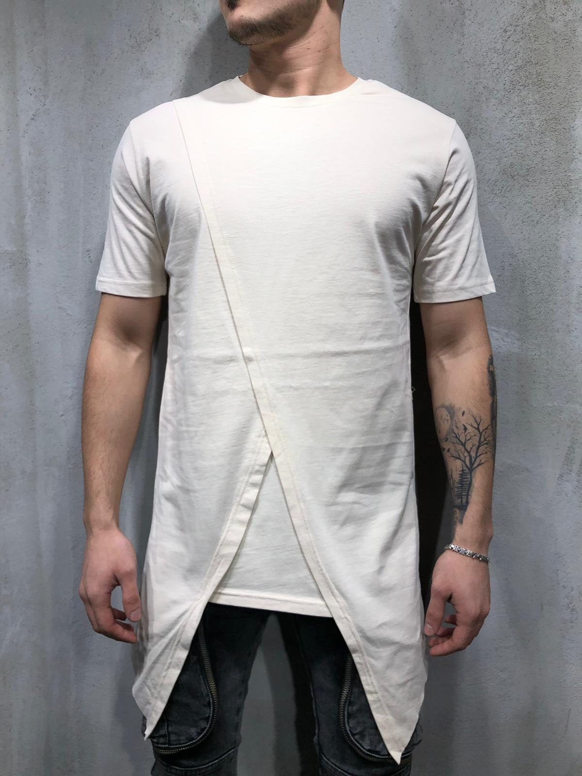 Cream Oversize Asymetric T-Shirt AY328 Streetwear T-Shirts - Sneakerjeans