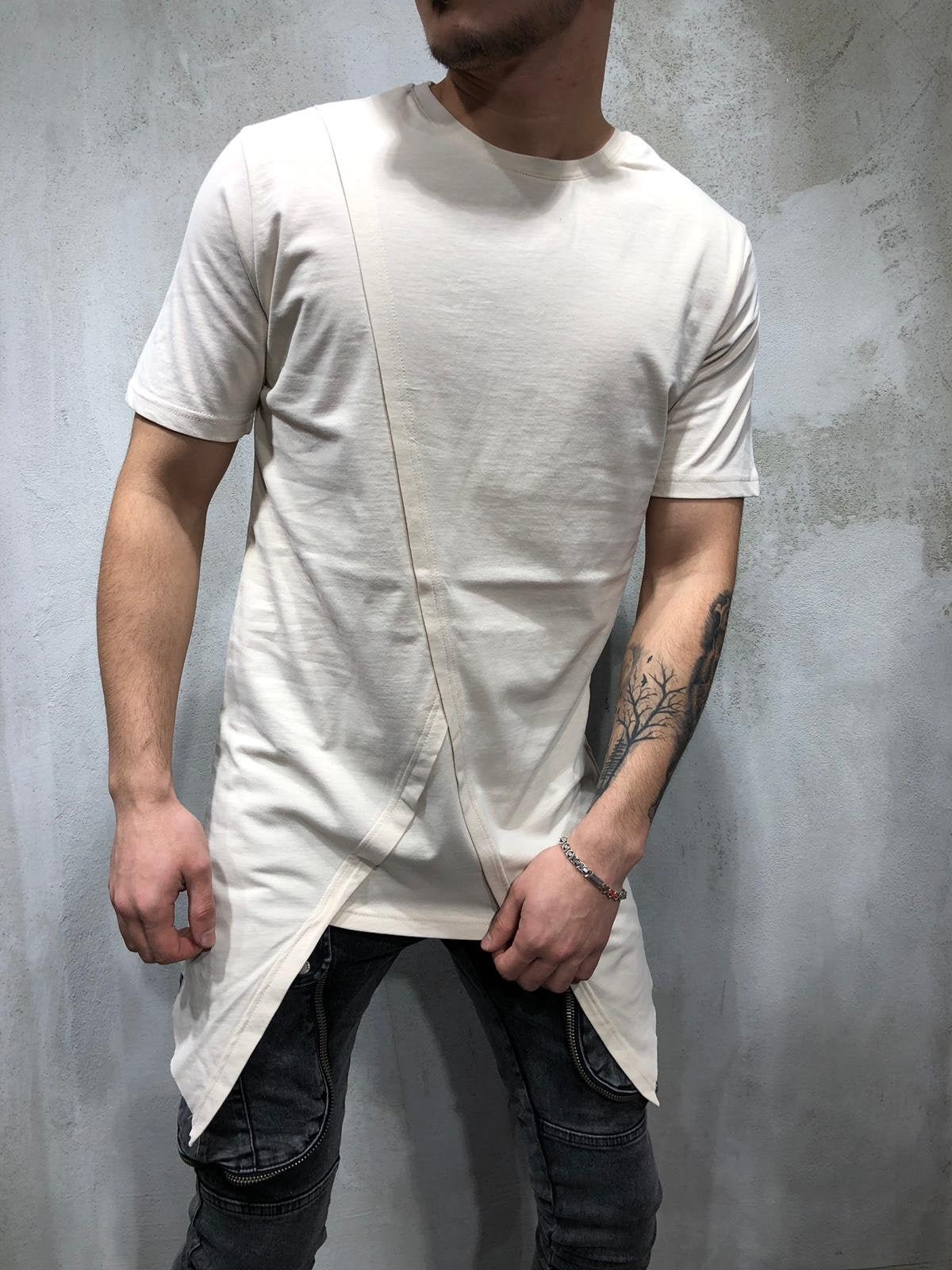 Cream Oversize Asymetric T-Shirt AY328 Streetwear T-Shirts - Sneakerjeans