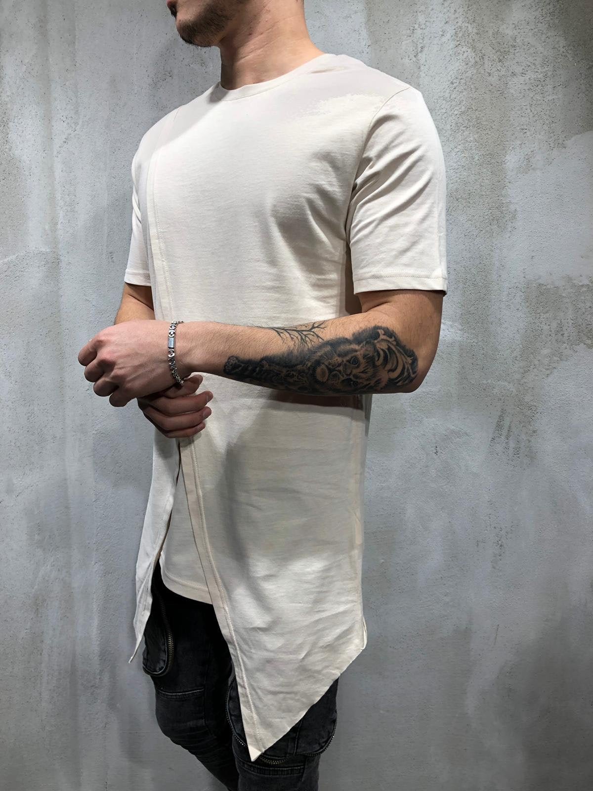 Cream Oversize Asymetric T-Shirt AY328 Streetwear T-Shirts - Sneakerjeans