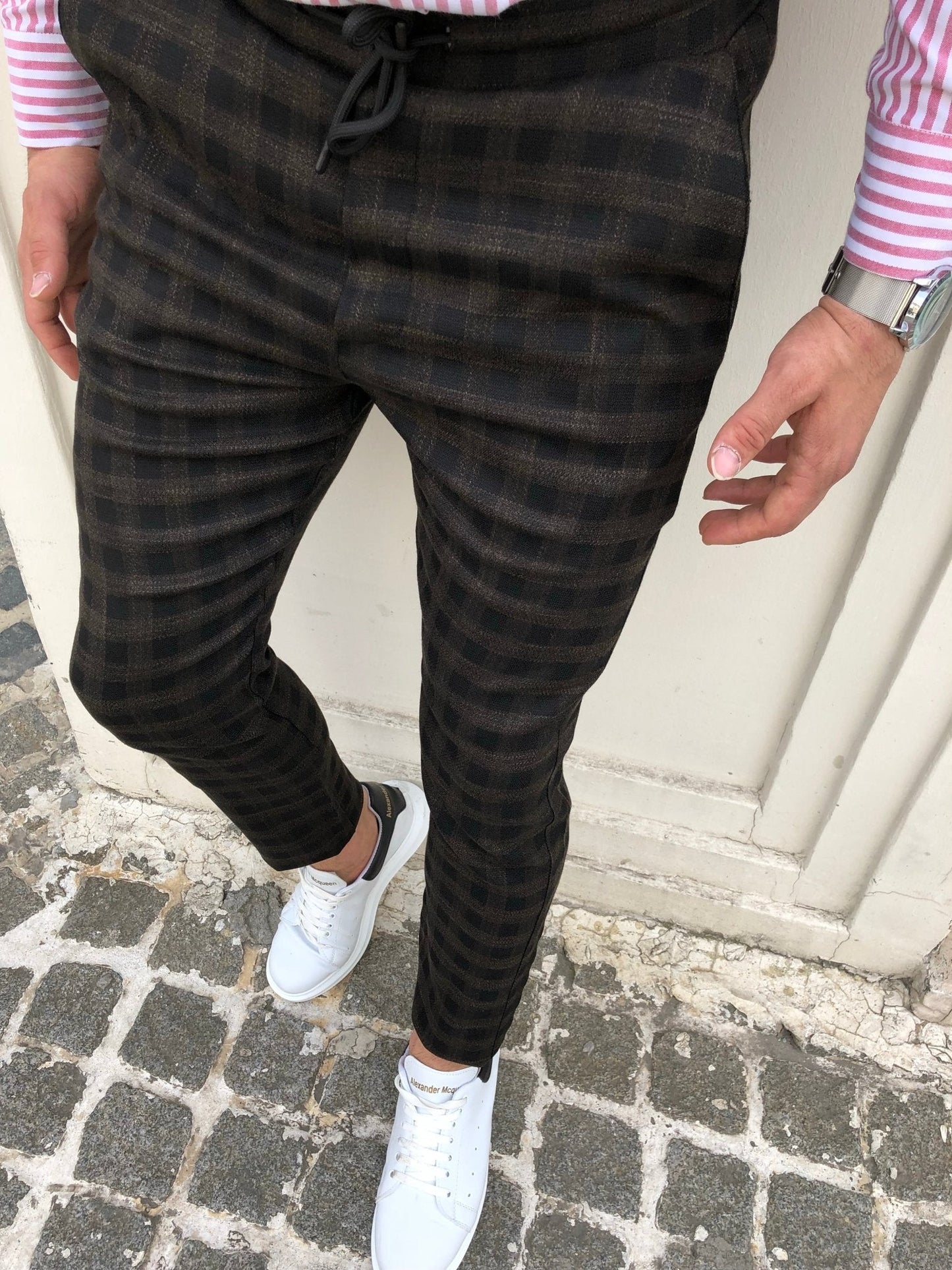 Khaki Checkered Banding Slim Fit Casual Mens Pant DJ164 Mens Pant - Sneakerjeans