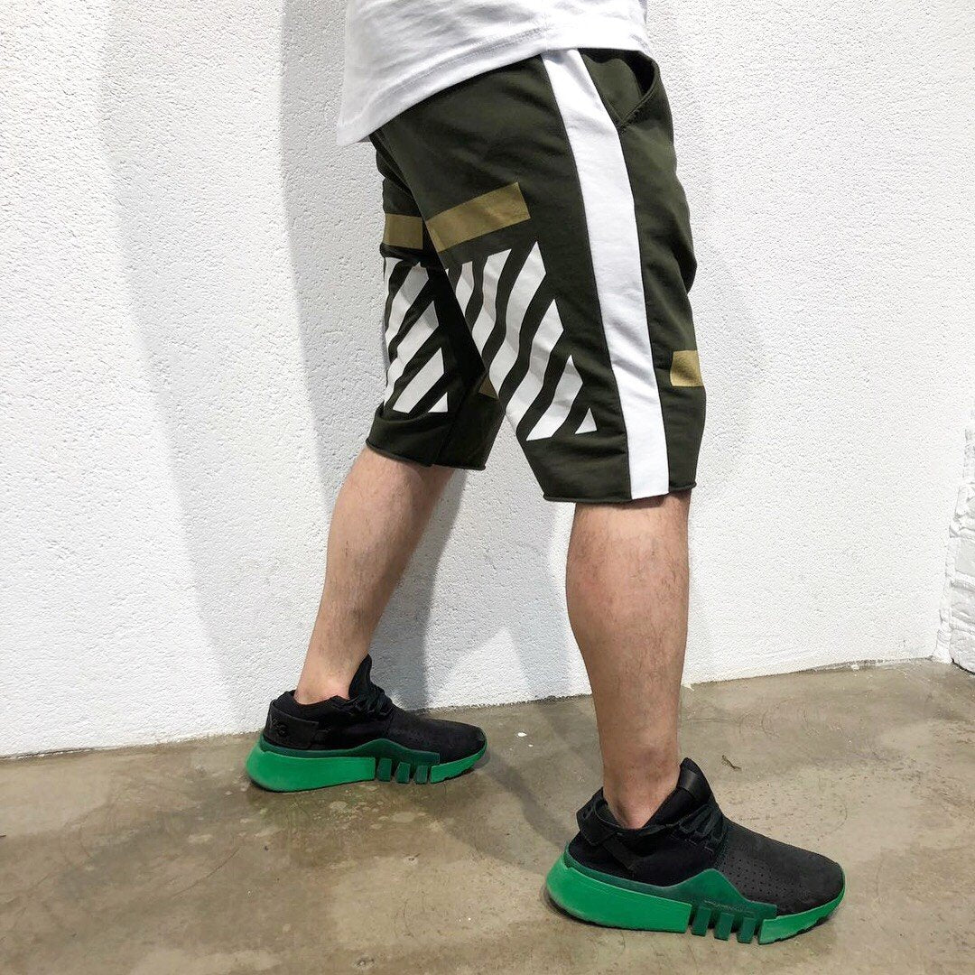 Khaki Gold Striped Sweat Short B185 Streetwear Sweat Shorts - Sneakerjeans