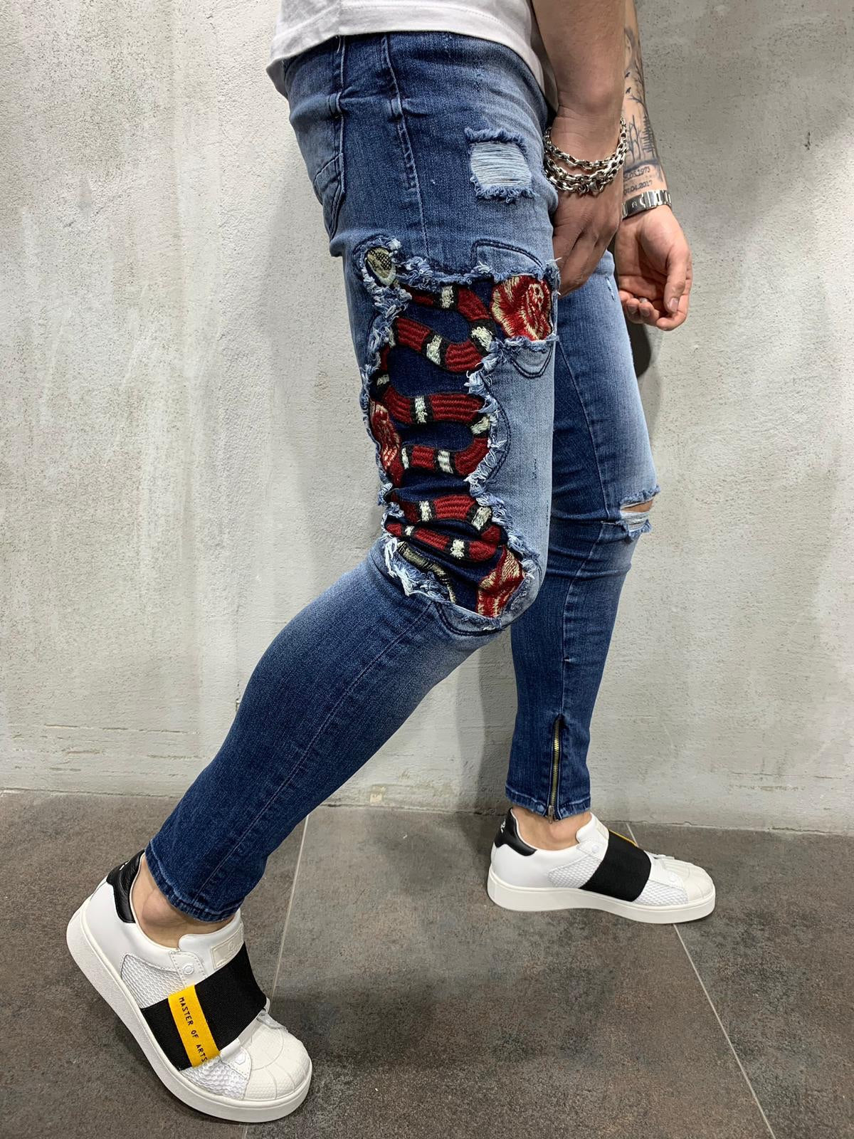 Sneakerjeans - Blue Snake Patched Jeans Skinny Jeans AY451 - Sneakerjeans