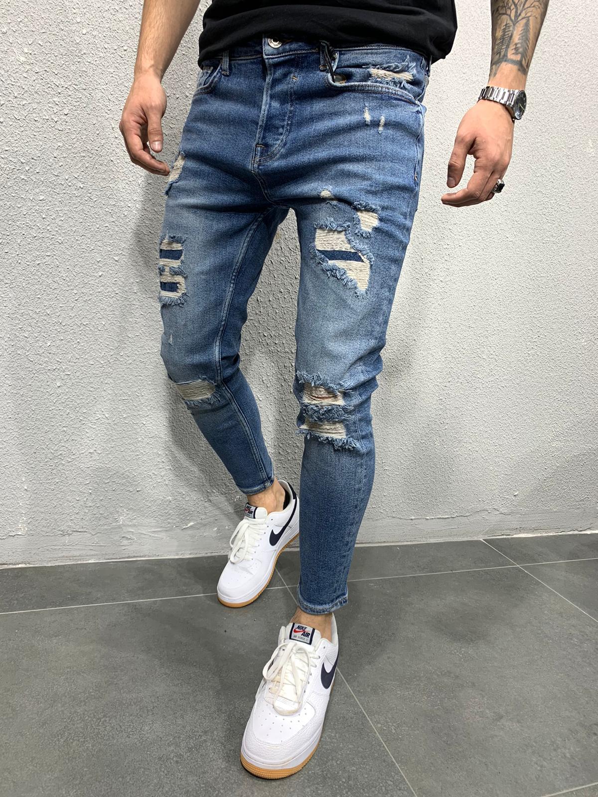 Washed Blue Patched Ripped Skinny Fit Jeans AY646 Streetwear Jeans - Sneakerjeans