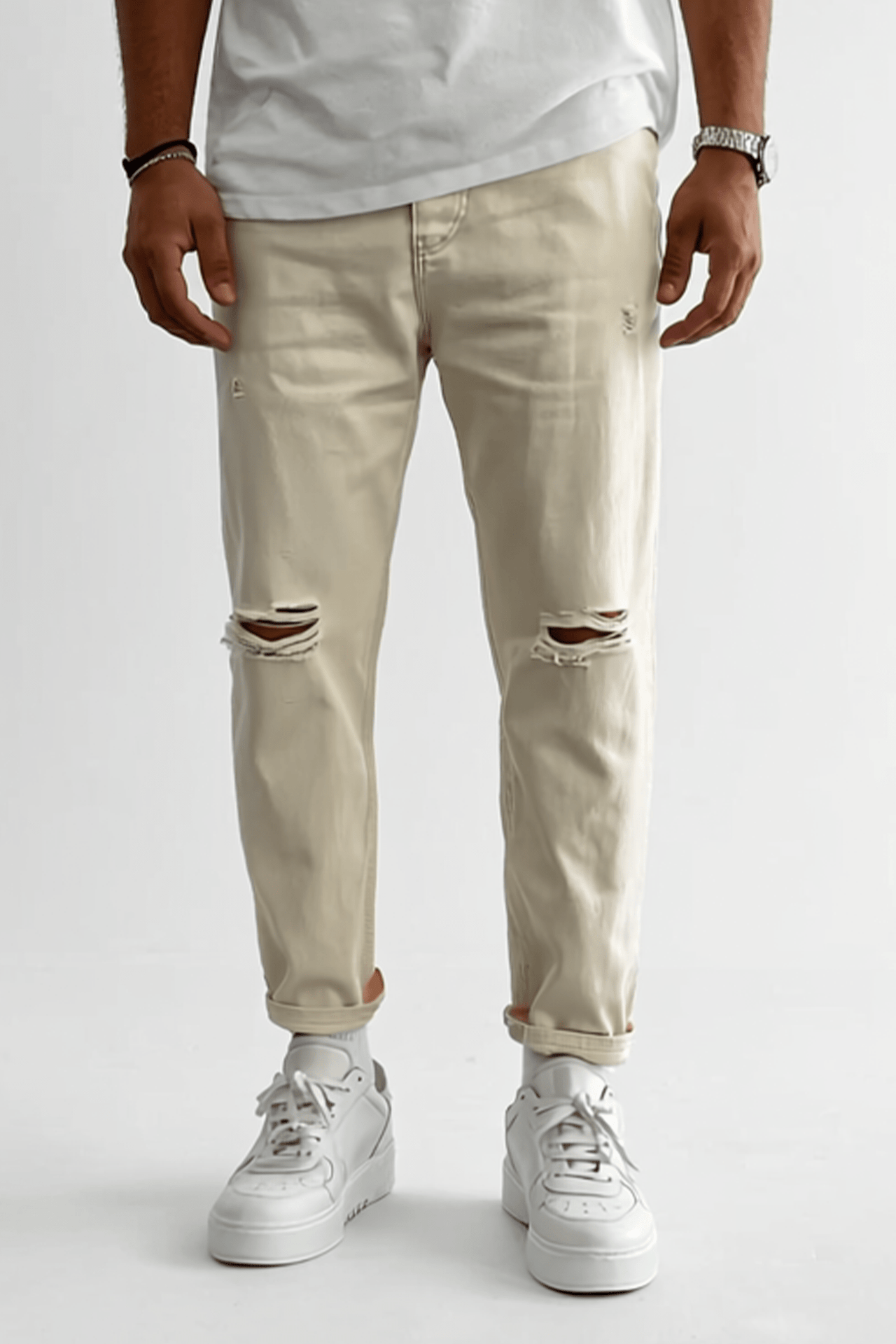 Beige Ripped Boyfriend Jeans BB6857 – von Baggymann | Streetwear für Damen & Herren