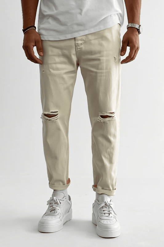 Beige Ripped Boyfriend Jeans BB6857 – von Baggymann | Streetwear für Damen & Herren