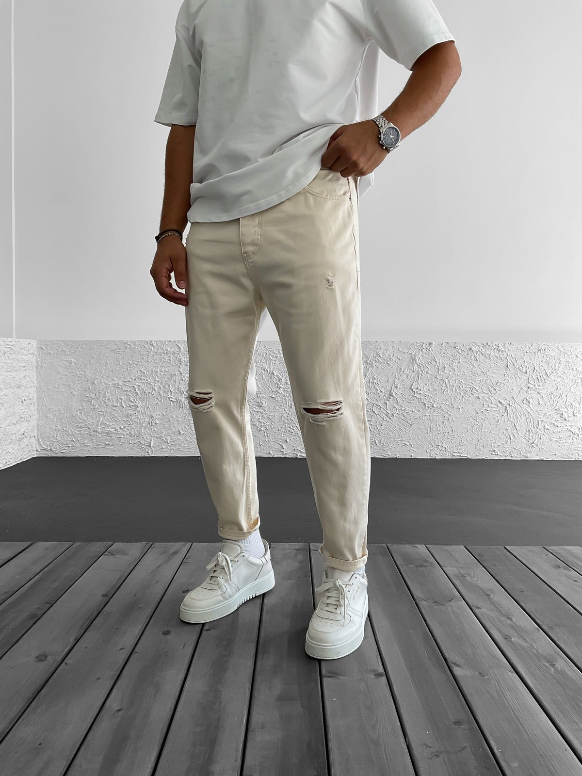 Beige Ripped Boyfriend Jeans BB6857 – von Baggymann | Streetwear für Damen & Herren