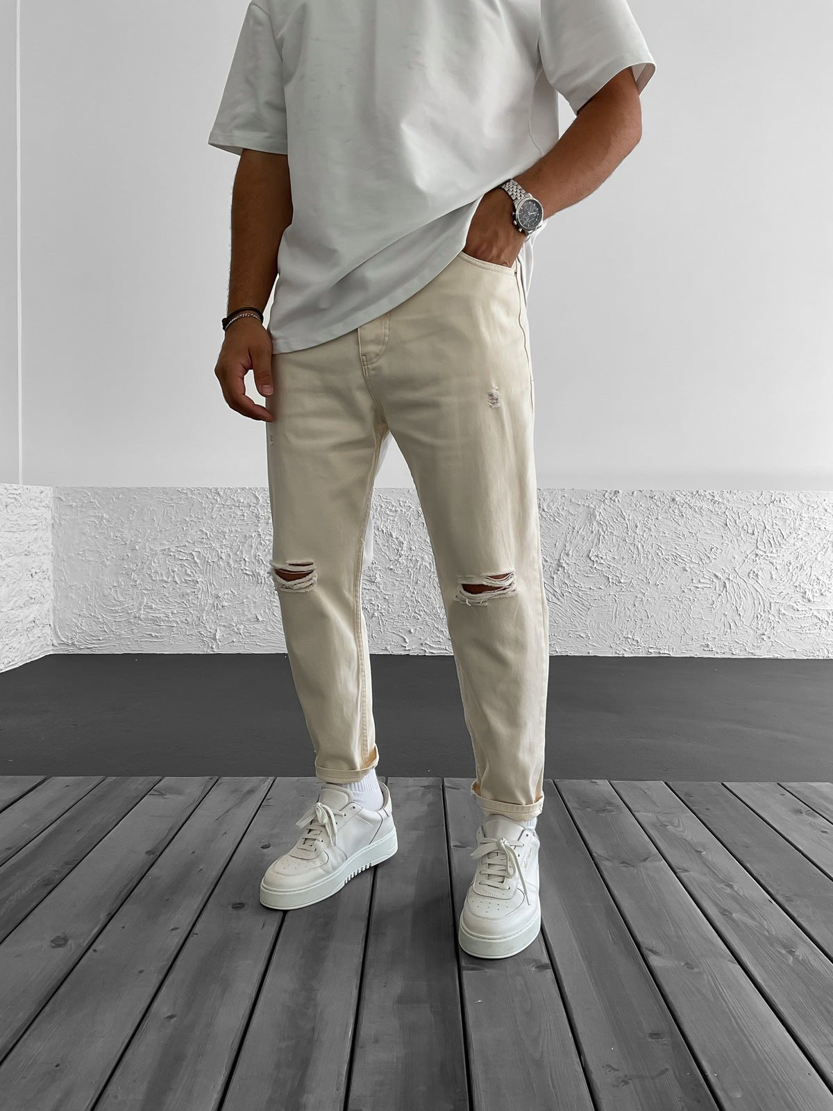 Beige Ripped Boyfriend Jeans BB6857 – von Baggymann | Streetwear für Damen & Herren