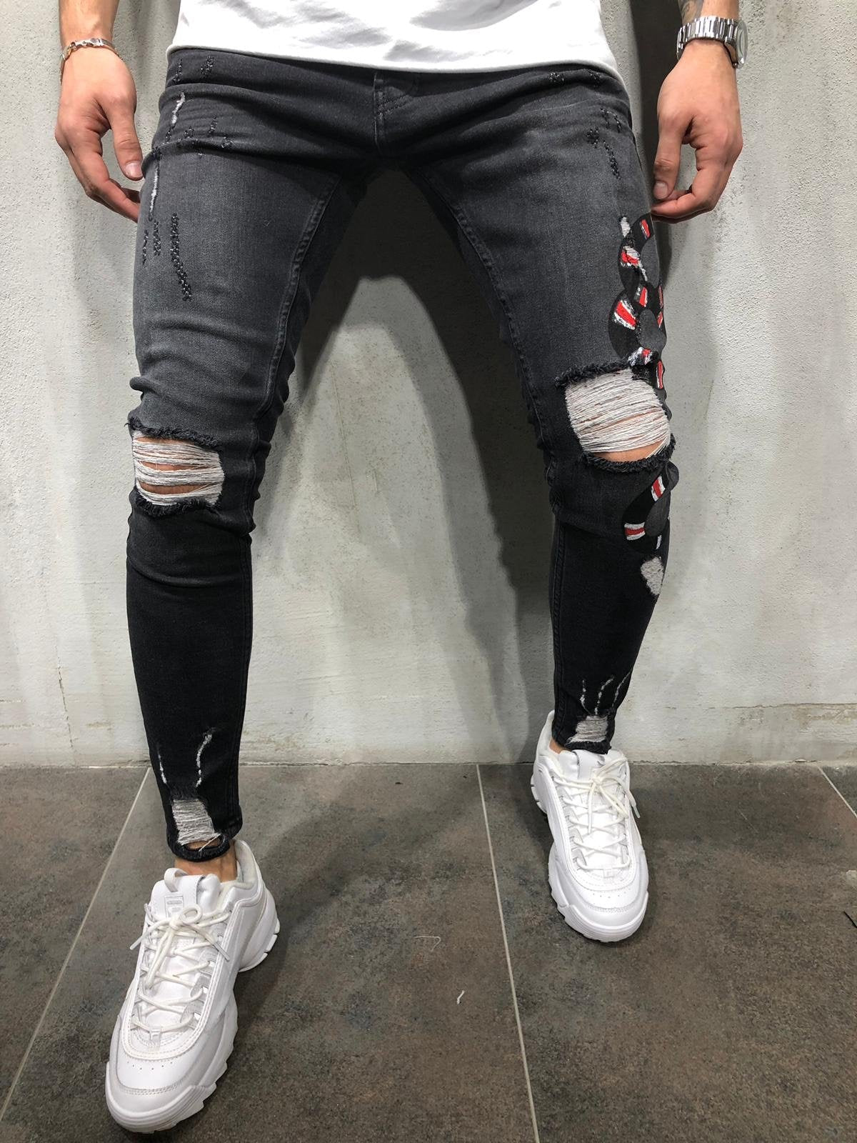 Black Snake Patched Distressed Skinny Fit Denim A229 Streetwear Jeans - Sneakerjeans
