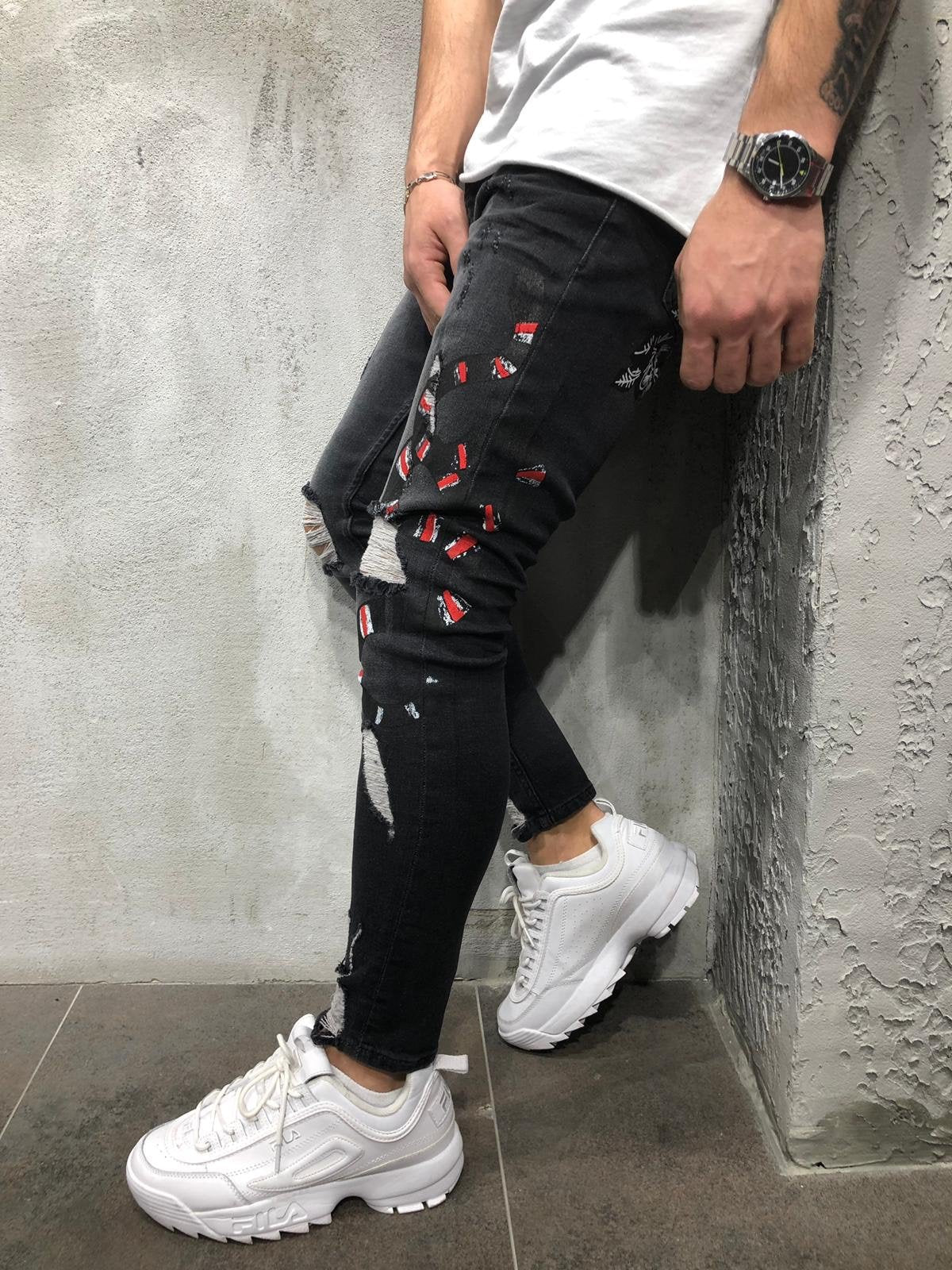 Black Snake Patched Distressed Skinny Fit Denim A229 Streetwear Jeans - Sneakerjeans