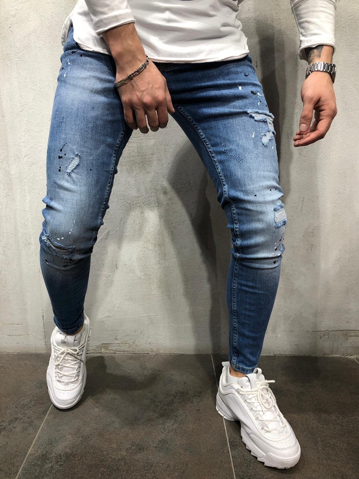 Blue Color Blobs Distressed Skinny Fit Denim A256 Streetwear Jeans - Sneakerjeans