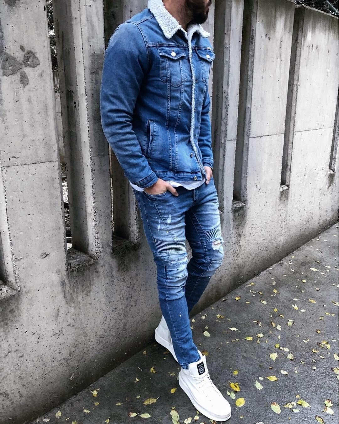Blue Woolen Collar Jeans Jacket B324 Streetwear Mens Jean Jacket - Sneakerjeans