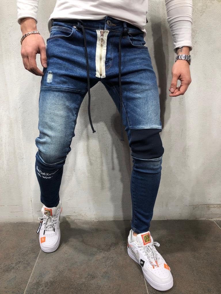 Blue Zippered Banding Distressed Skinny Fit Denim A252 Streetwear Jeans - Sneakerjeans