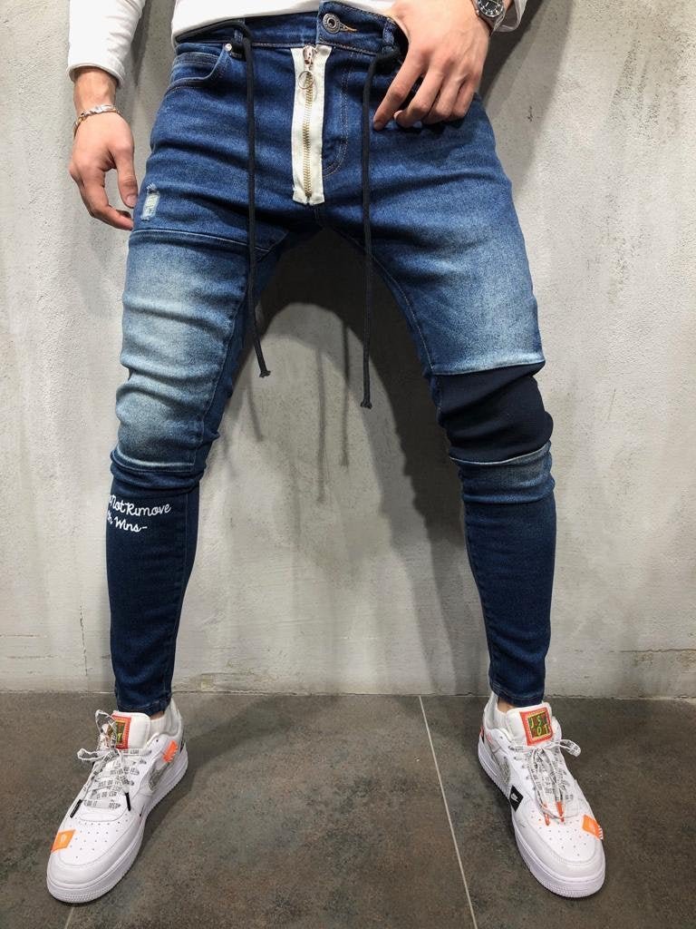 Blue Zippered Banding Distressed Skinny Fit Denim A252 Streetwear Jeans - Sneakerjeans