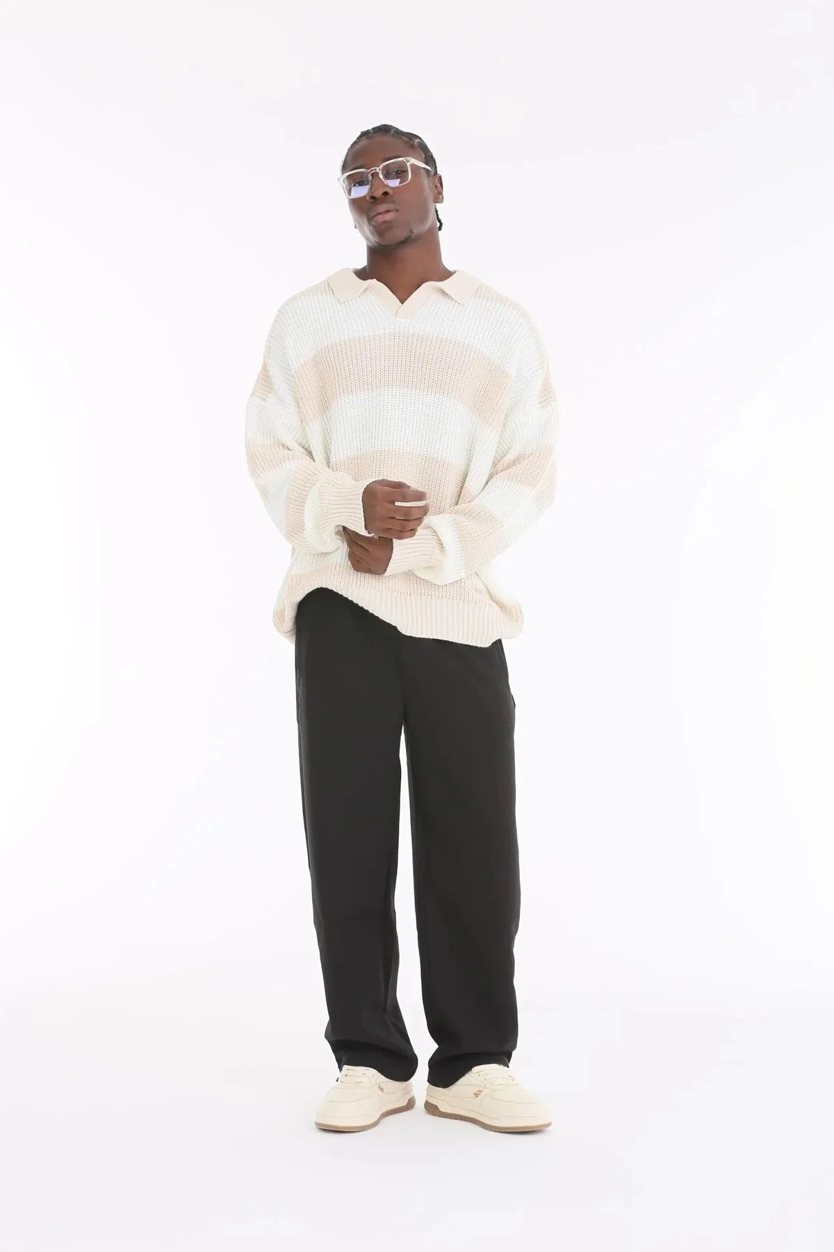 Cream Sand Stripe Oversize Polo Sweater BB7001 – von Baggymann | Streetwear für Damen & Herren
