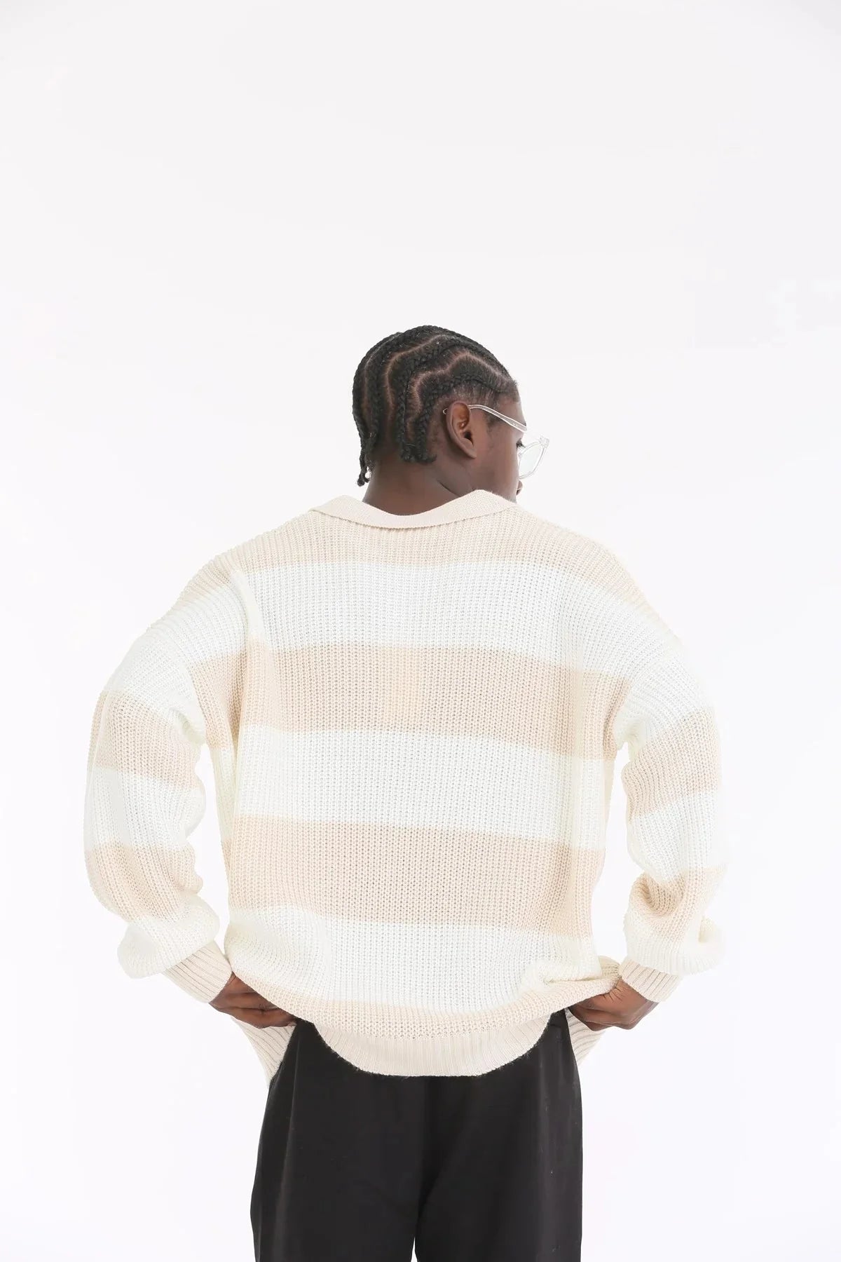 Cream Sand Stripe Oversize Polo Sweater BB7001 – von Baggymann | Streetwear für Damen & Herren