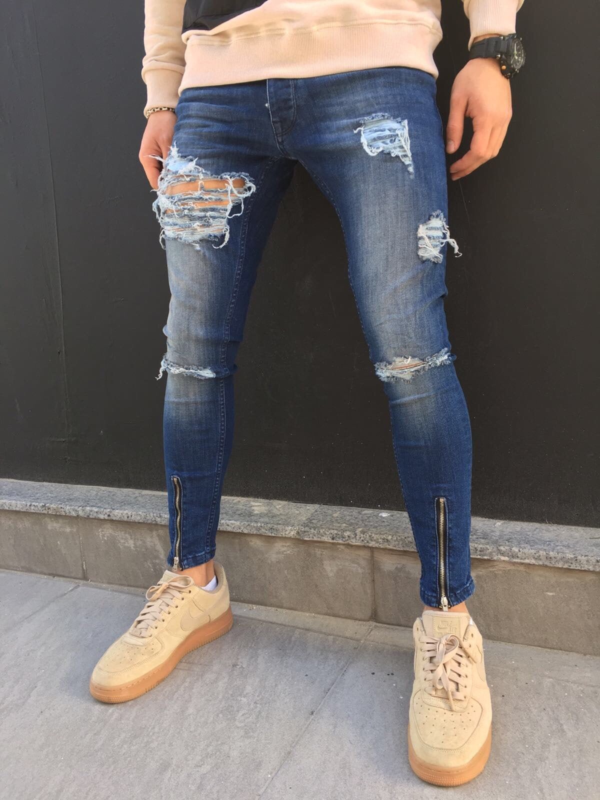 Front Ankle Zip Destroyed Slim Fit Jeans SJ271 Streetwear Jeans - Sneakerjeans