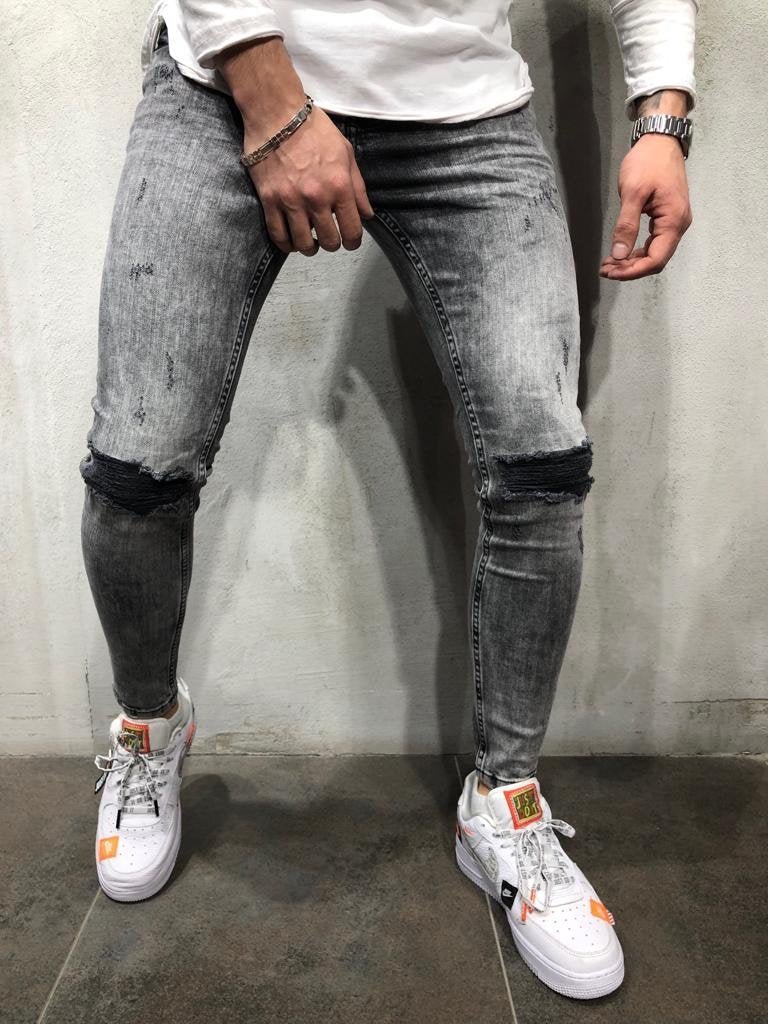 Gray Distressed Skinny Fit Denim A255 Streetwear Jeans - Sneakerjeans