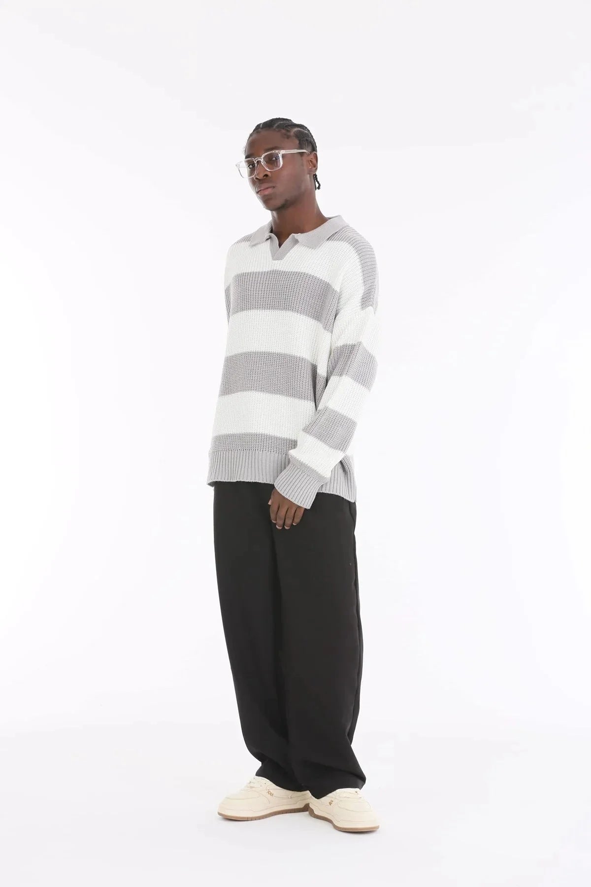 Ice Grey Stripe Oversize Polo Sweater BB7003 – von Baggymann | Streetwear für Damen & Herren