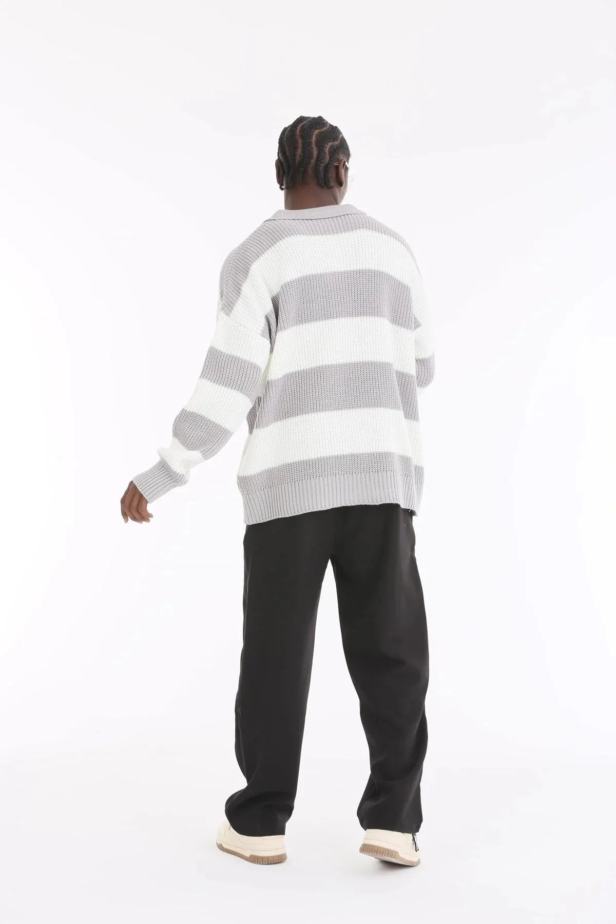 Ice Grey Stripe Oversize Polo Sweater BB7003 – von Baggymann | Streetwear für Damen & Herren