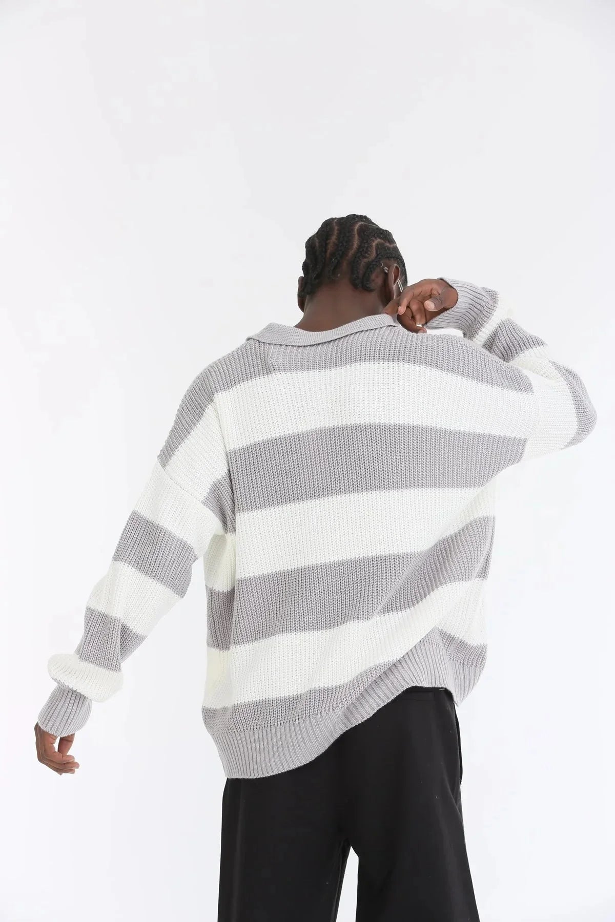 Ice Grey Stripe Oversize Polo Sweater BB7003 – von Baggymann | Streetwear für Damen & Herren