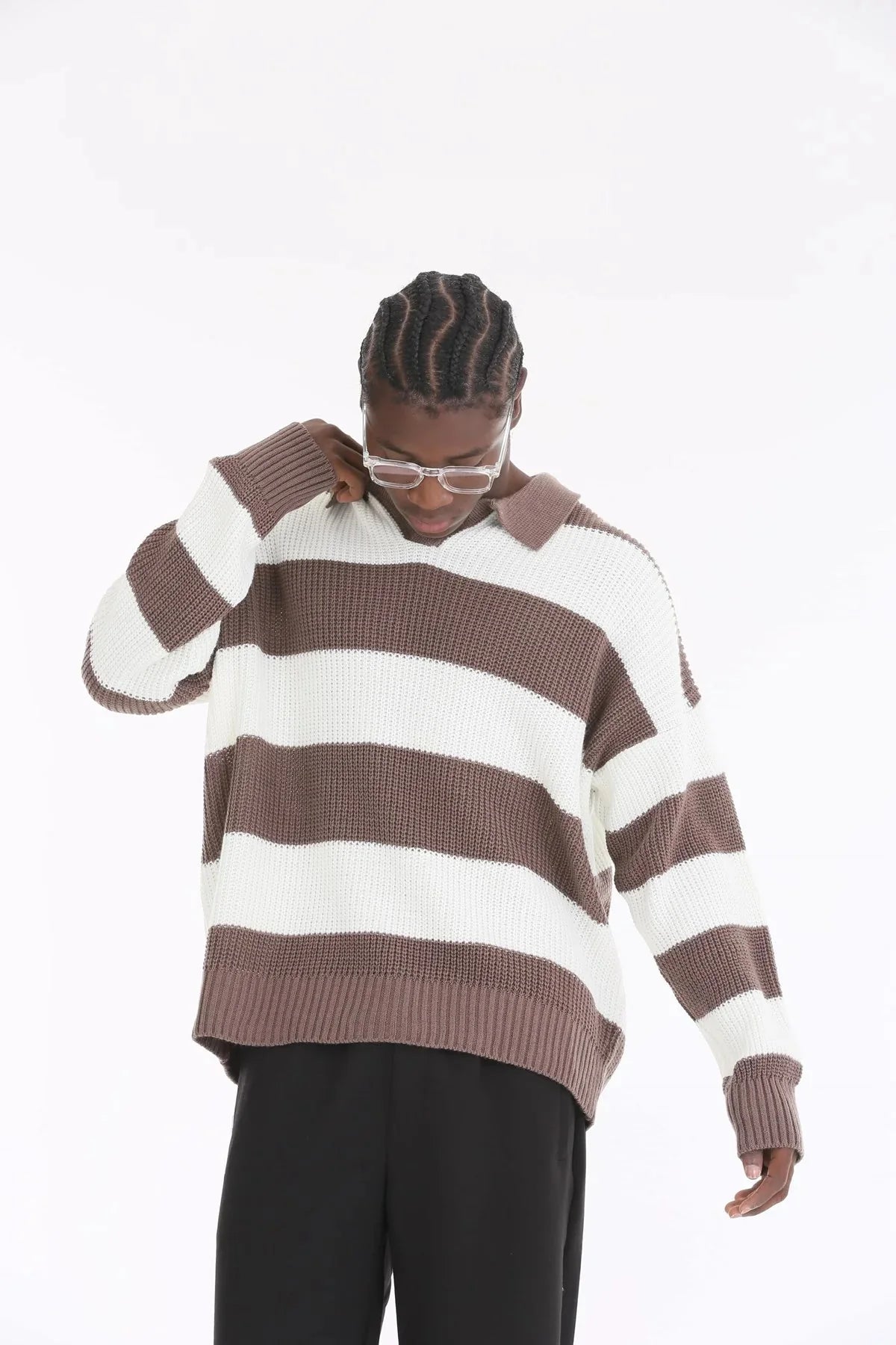 Mocha Stripe Oversize Polo Sweater BB7002 – von Baggymann | Streetwear für Damen & Herren