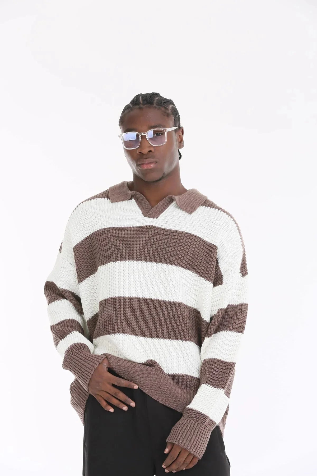 Mocha Stripe Oversize Polo Sweater BB7002 – von Baggymann | Streetwear für Damen & Herren
