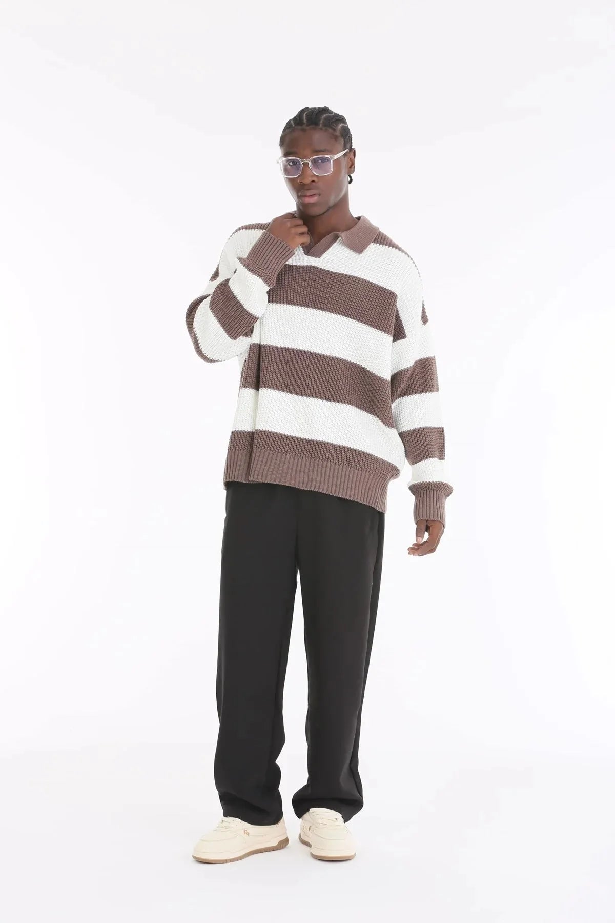 Mocha Stripe Oversize Polo Sweater BB7002 – von Baggymann | Streetwear für Damen & Herren