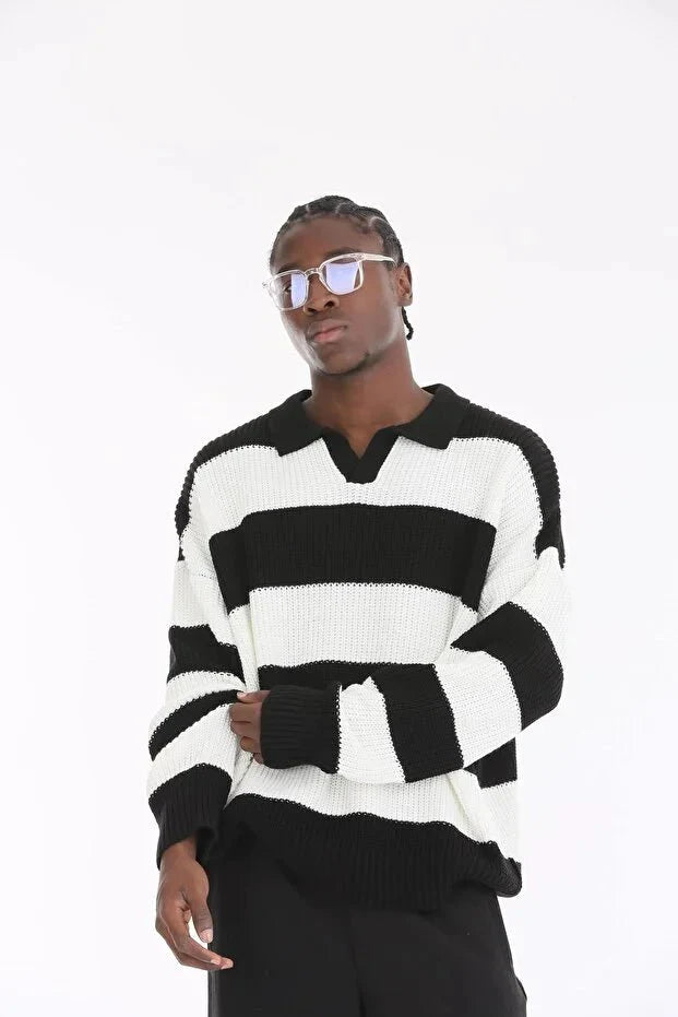 Noir Stripe Oversize Polo Sweater BB7004 – von Baggymann | Streetwear für Damen & Herren