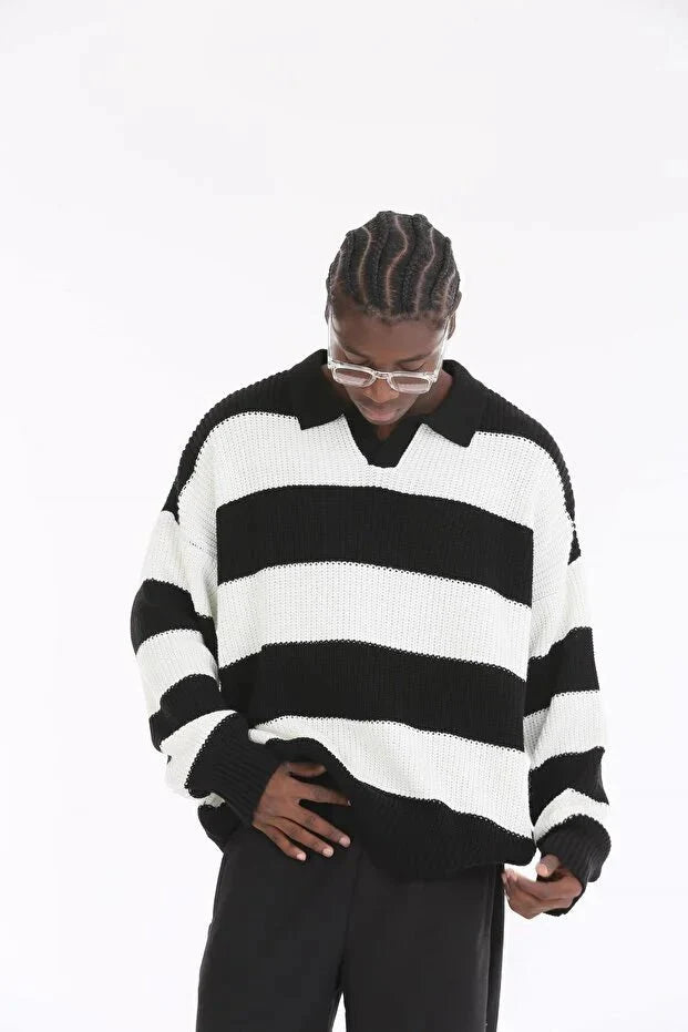 Noir Stripe Oversize Polo Sweater BB7004 – von Baggymann | Streetwear für Damen & Herren