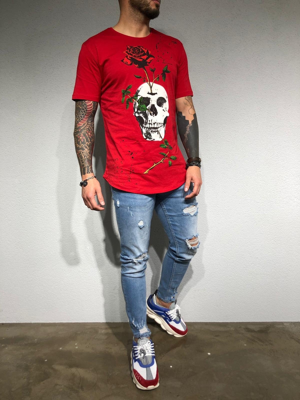 Red Oversize Skull Printed T-Shirt BL180 Streetwear T-Shirts - Sneakerjeans