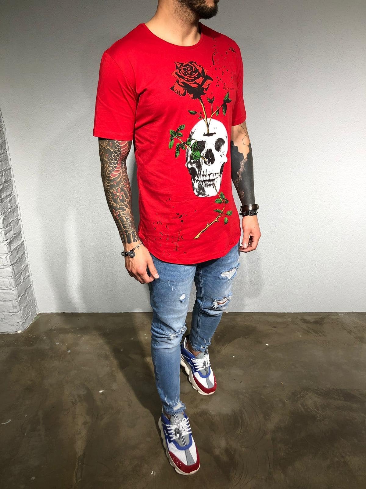 Red Oversize Skull Printed T-Shirt BL180 Streetwear T-Shirts - Sneakerjeans
