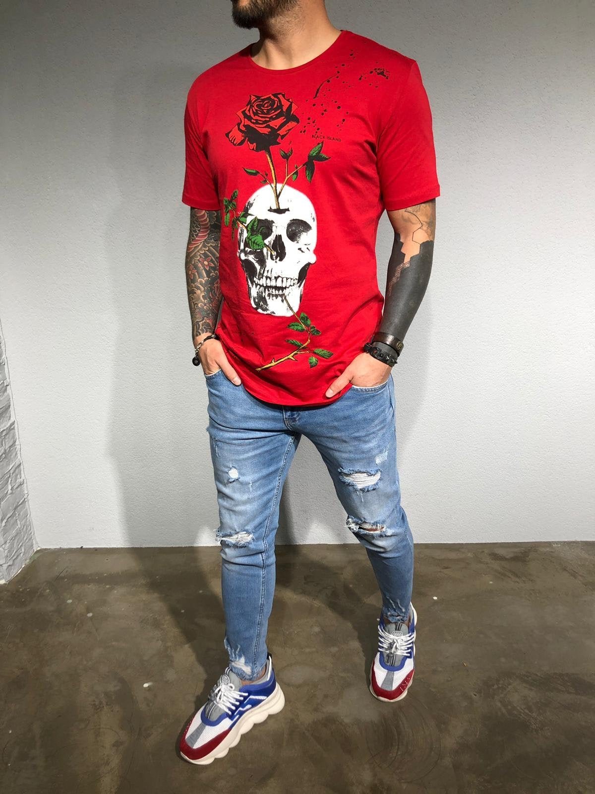 Red Oversize Skull Printed T-Shirt BL180 Streetwear T-Shirts - Sneakerjeans