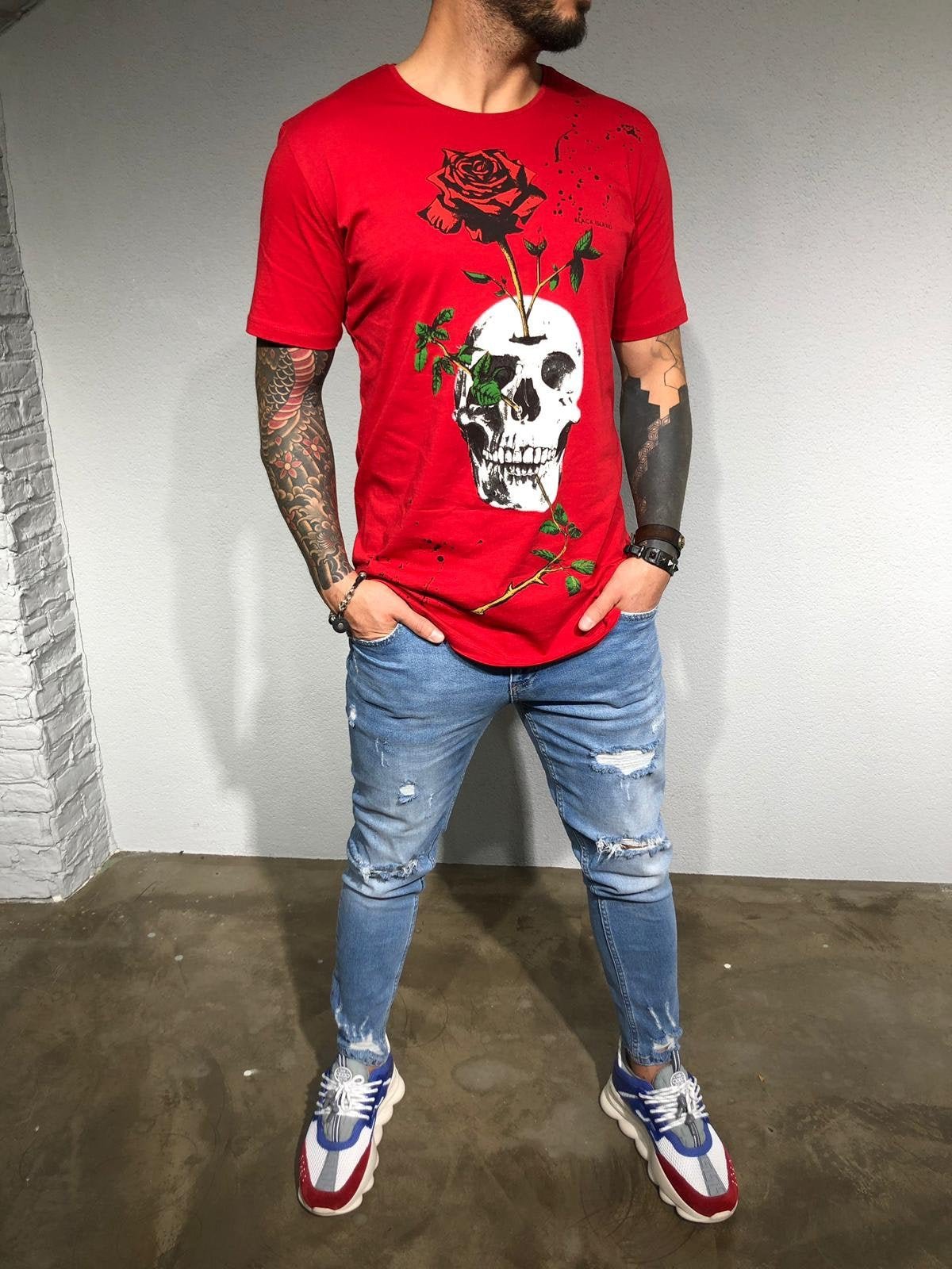 Red Oversize Skull Printed T-Shirt BL180 Streetwear T-Shirts - Sneakerjeans