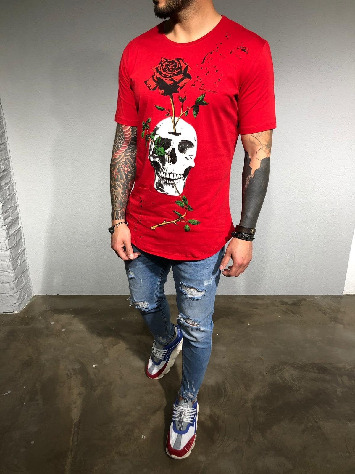 Red Oversize Skull Printed T-Shirt BL180 Streetwear T-Shirts - Sneakerjeans