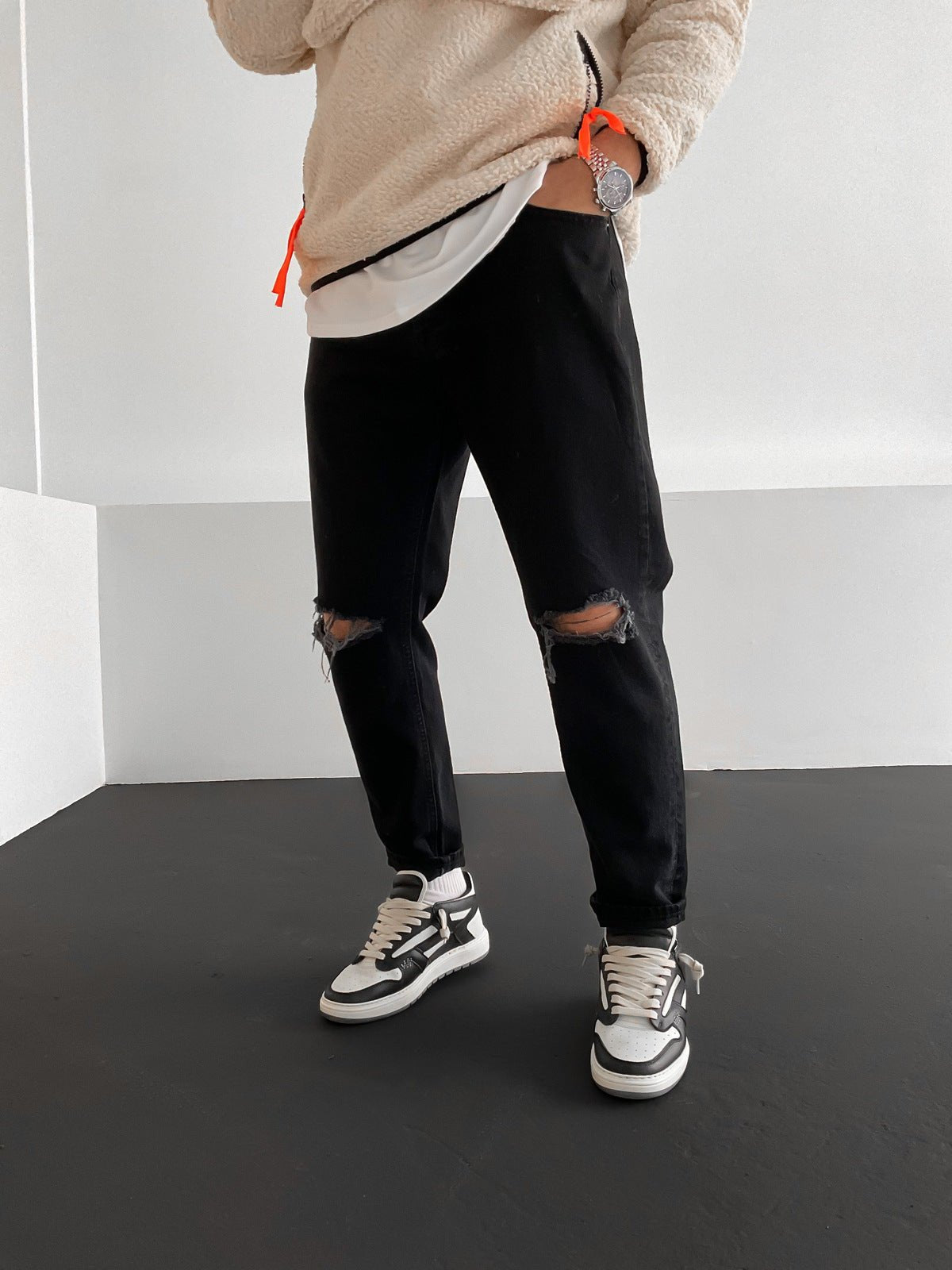 Schwarz Ripped Boyfriend Jeans BB6023 – von Baggymann | Streetwear für Damen & Herren