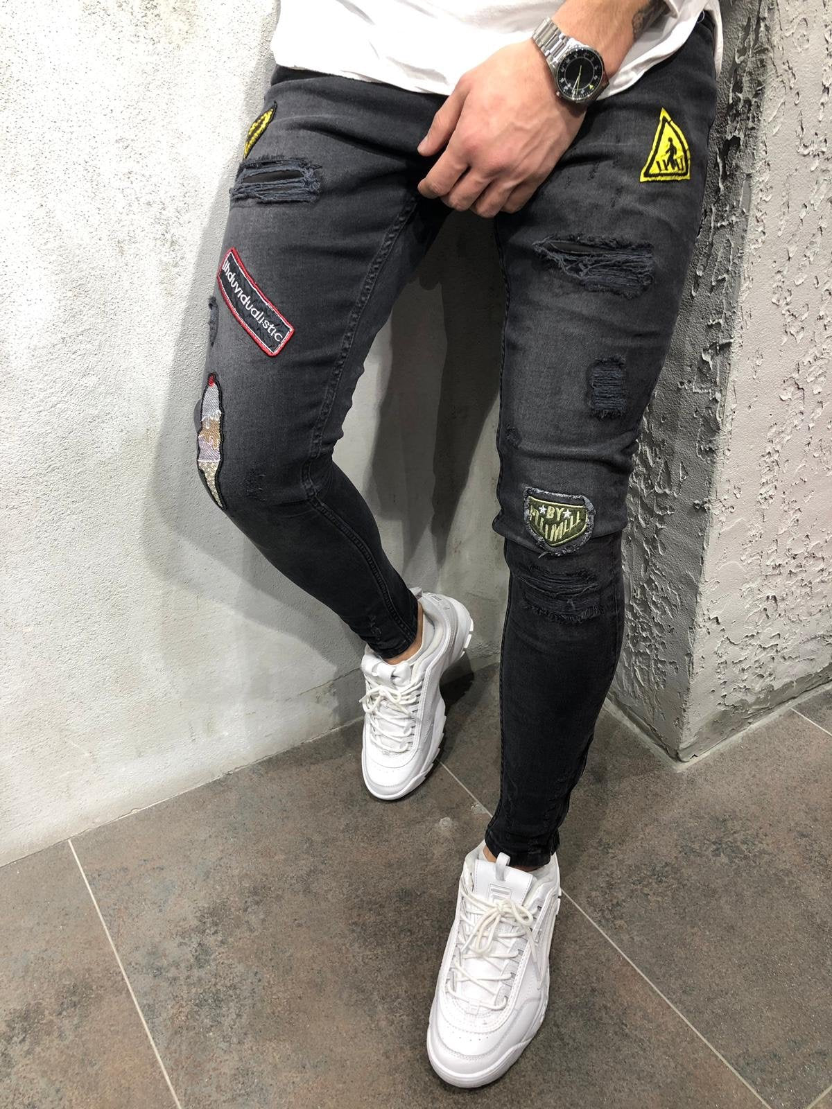 Sneakerjeans - Black Patched & Ripped Skinny Jeans A241 - Sneakerjeans