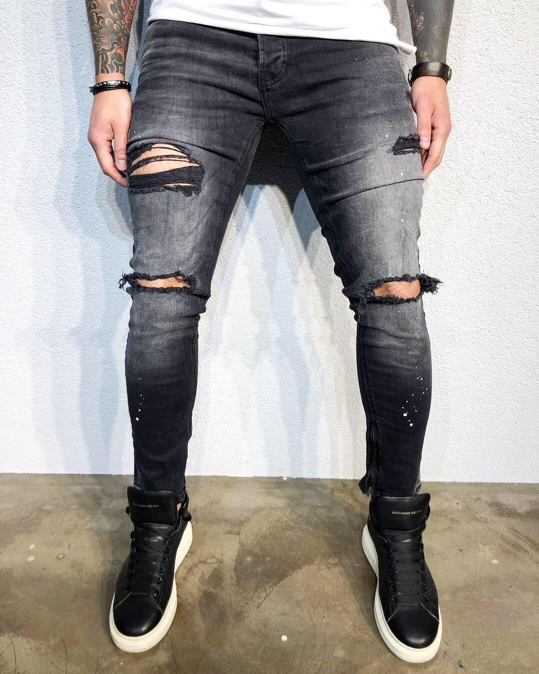 Sneakerjeans - Black Printed Distressed Skinny Jeans BL495 Denim - Sneakerjeans