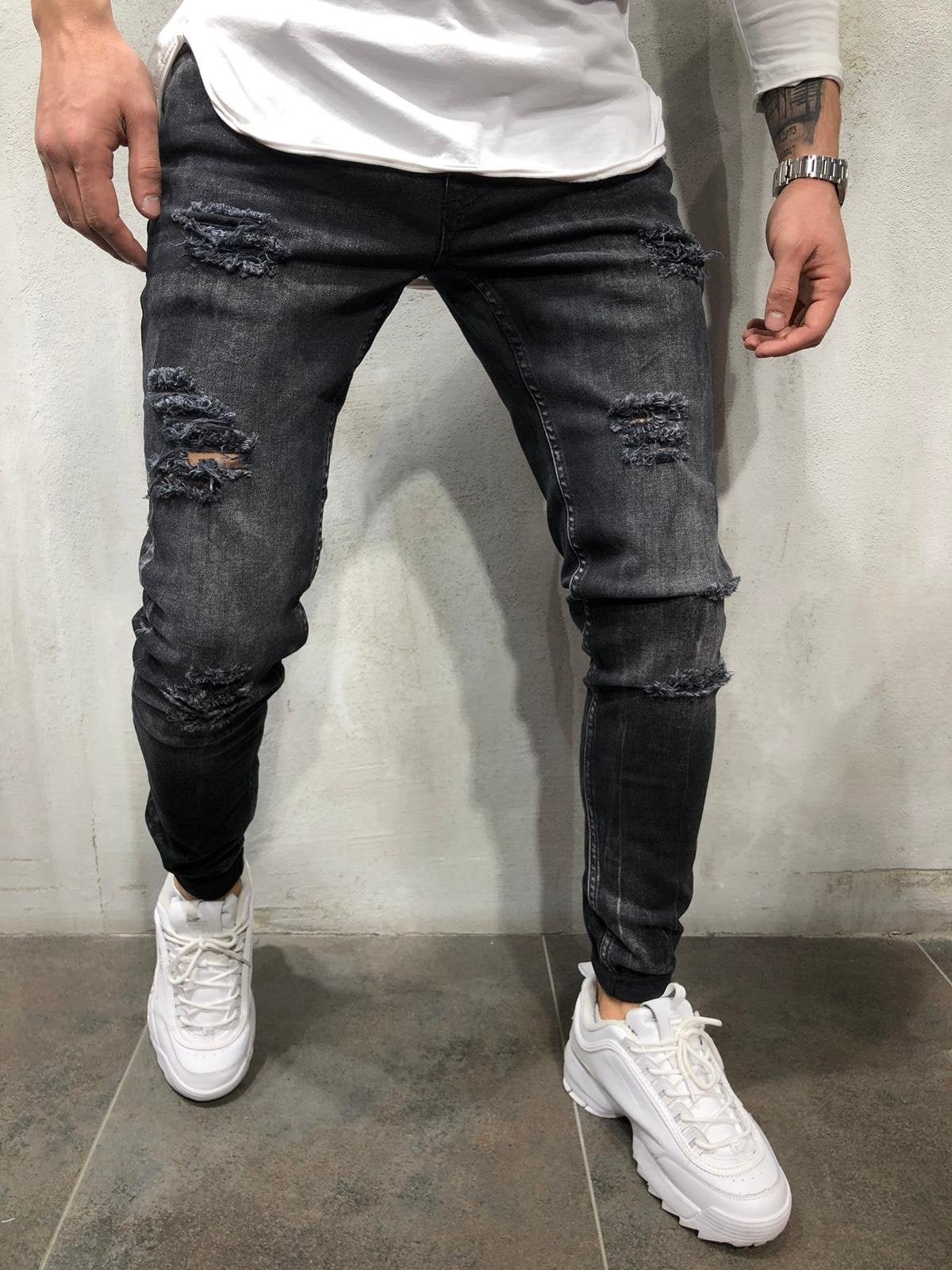 Black Washed Ripped Skinny Fit Denim A237 Streetwear Jeans - Sneakerjeans