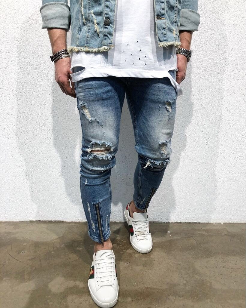 Sneakerjeans Blue Front Ankle Zipper Ripped Jeans B94 - Sneakerjeans
