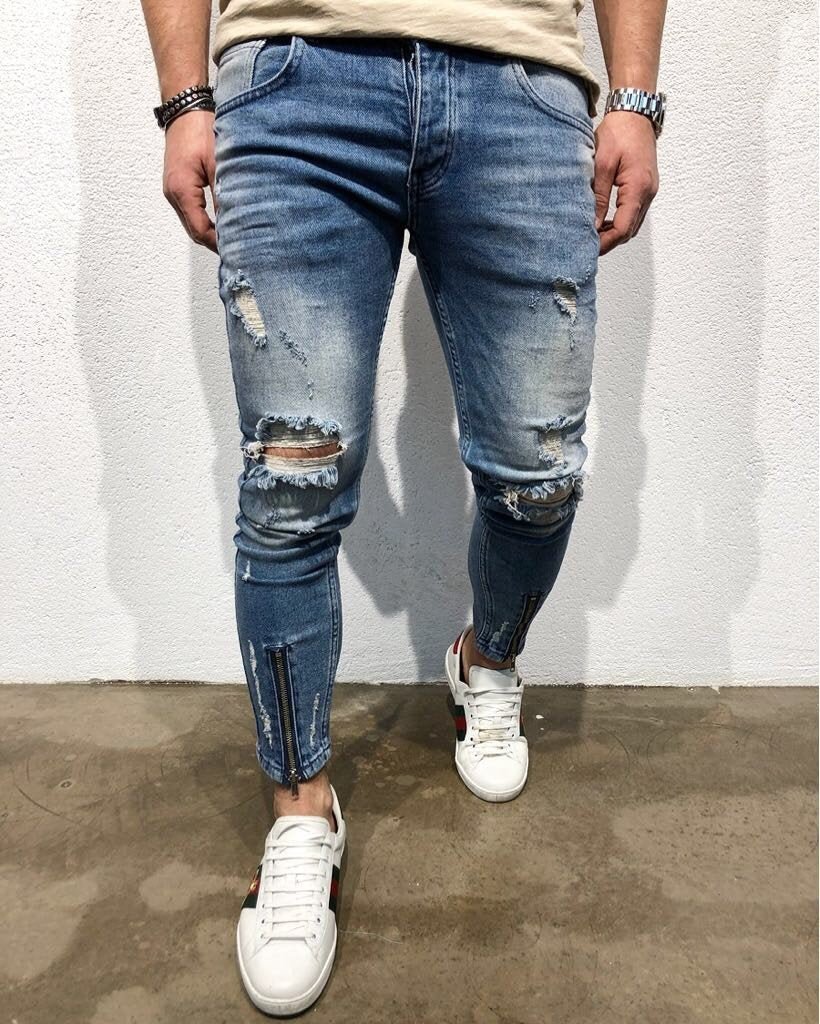 Sneakerjeans Blue Front Ankle Zipper Ripped Jeans B94 - Sneakerjeans