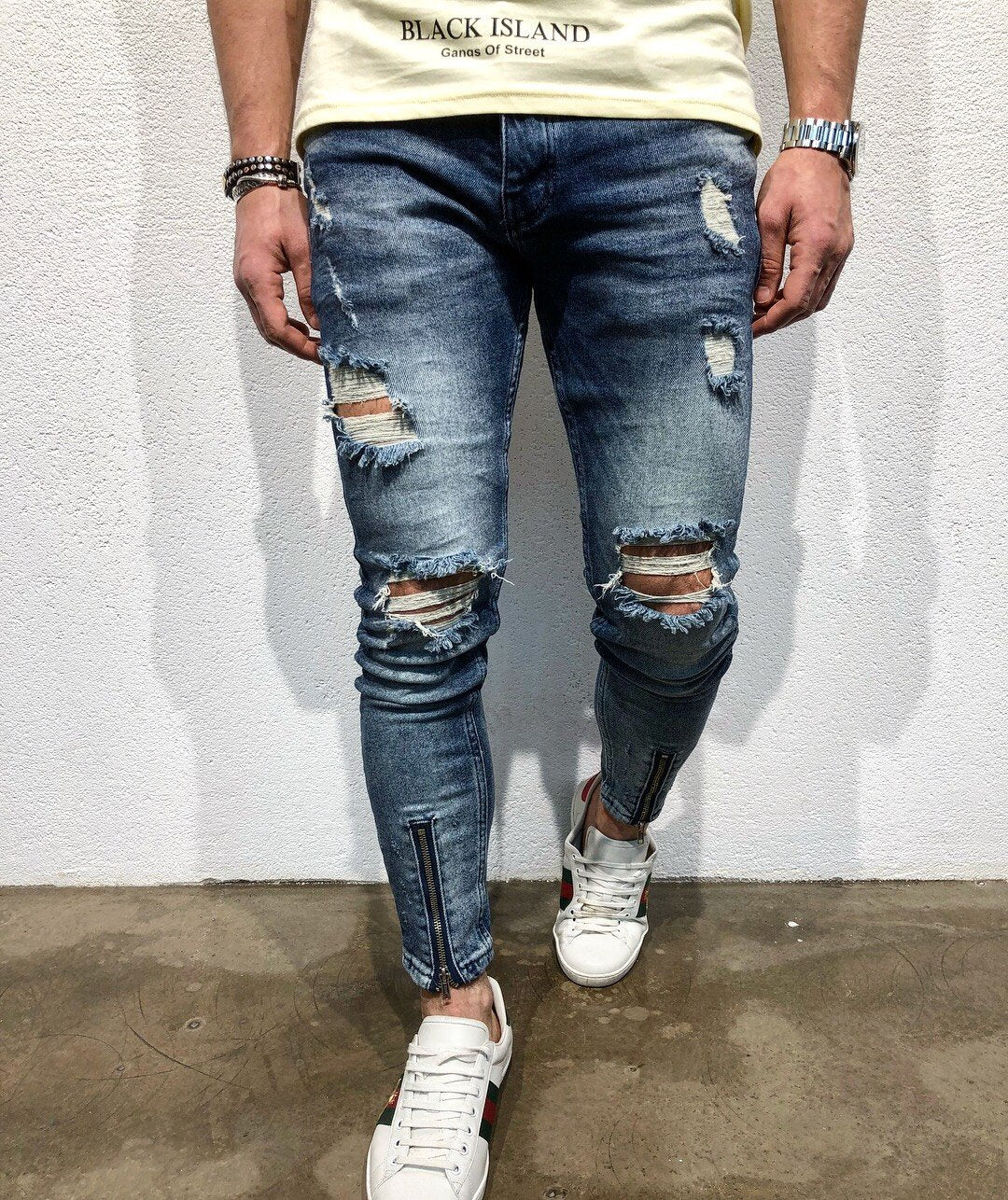 Sneakerjeans Blue Front Zipper Ripped Jeans B90 - Sneakerjeans