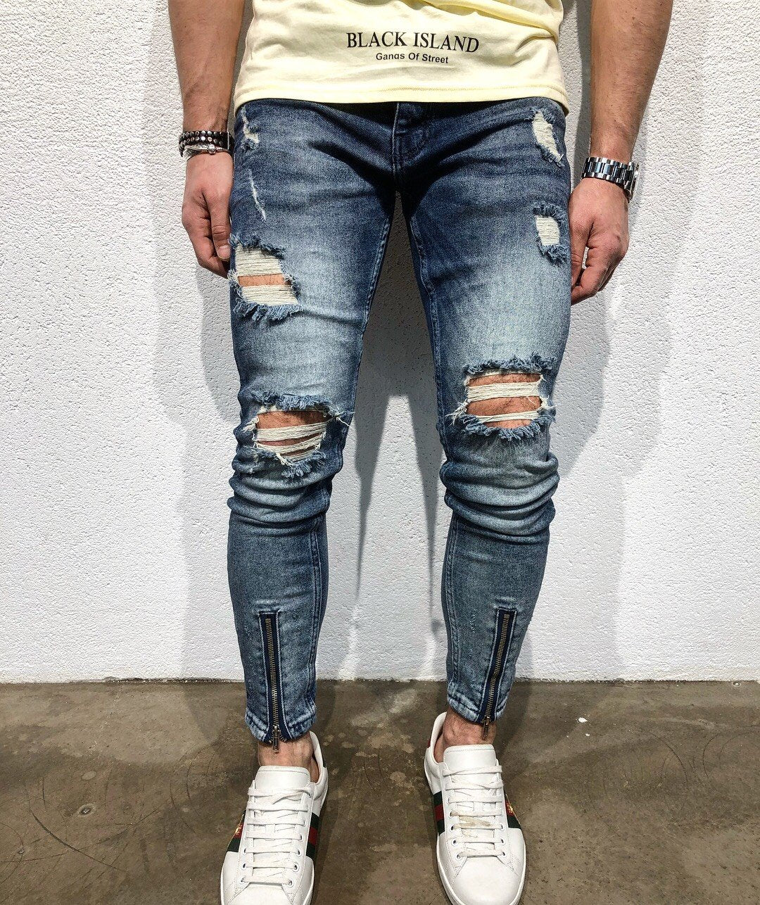 Sneakerjeans Blue Front Zipper Ripped Jeans B90 - Sneakerjeans