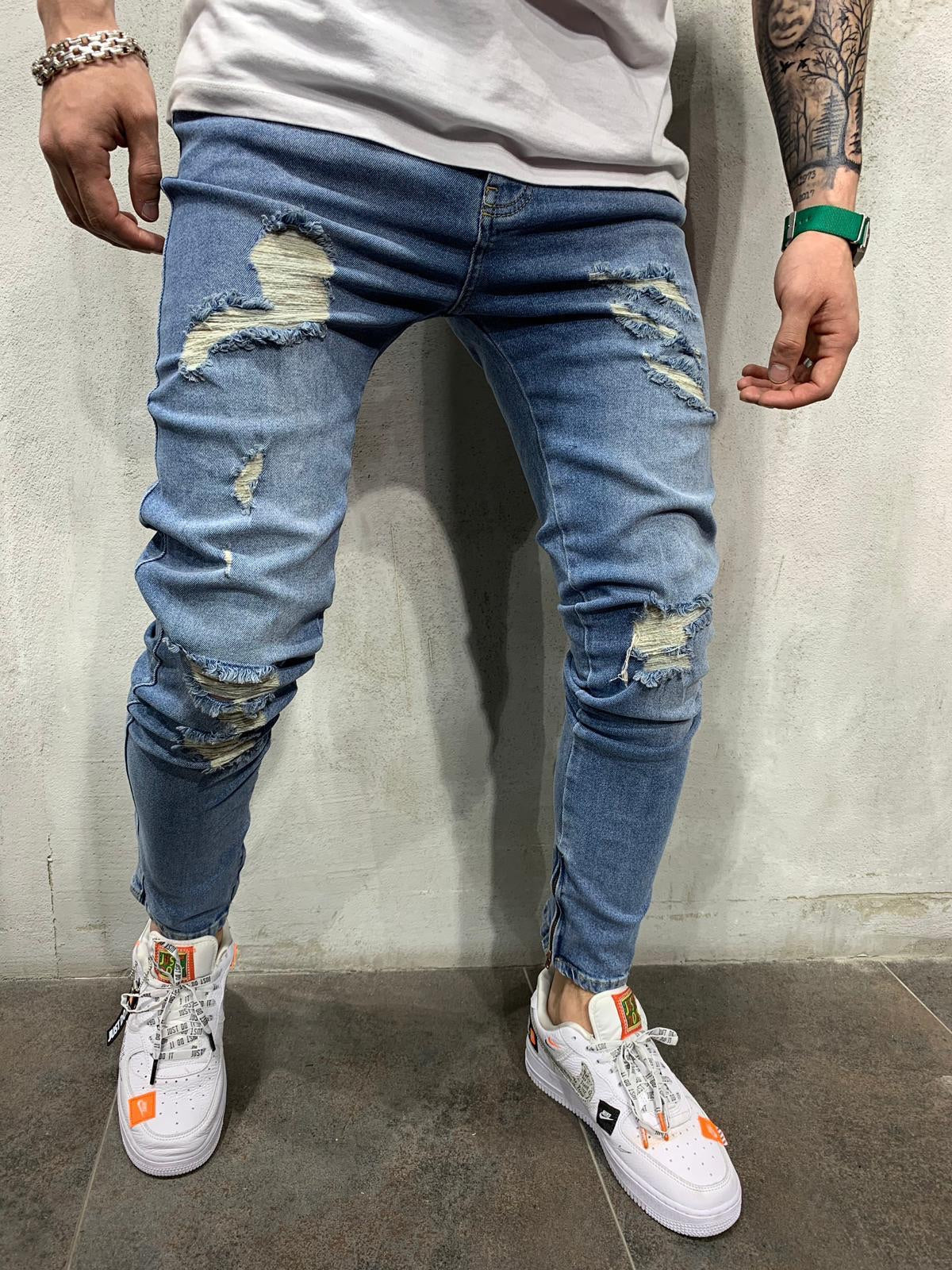Washed Vintage Ripped Blue Jeans Slim Fit Mens Jeans AY501 Streetwear Mens Jeans - Sneakerjeans